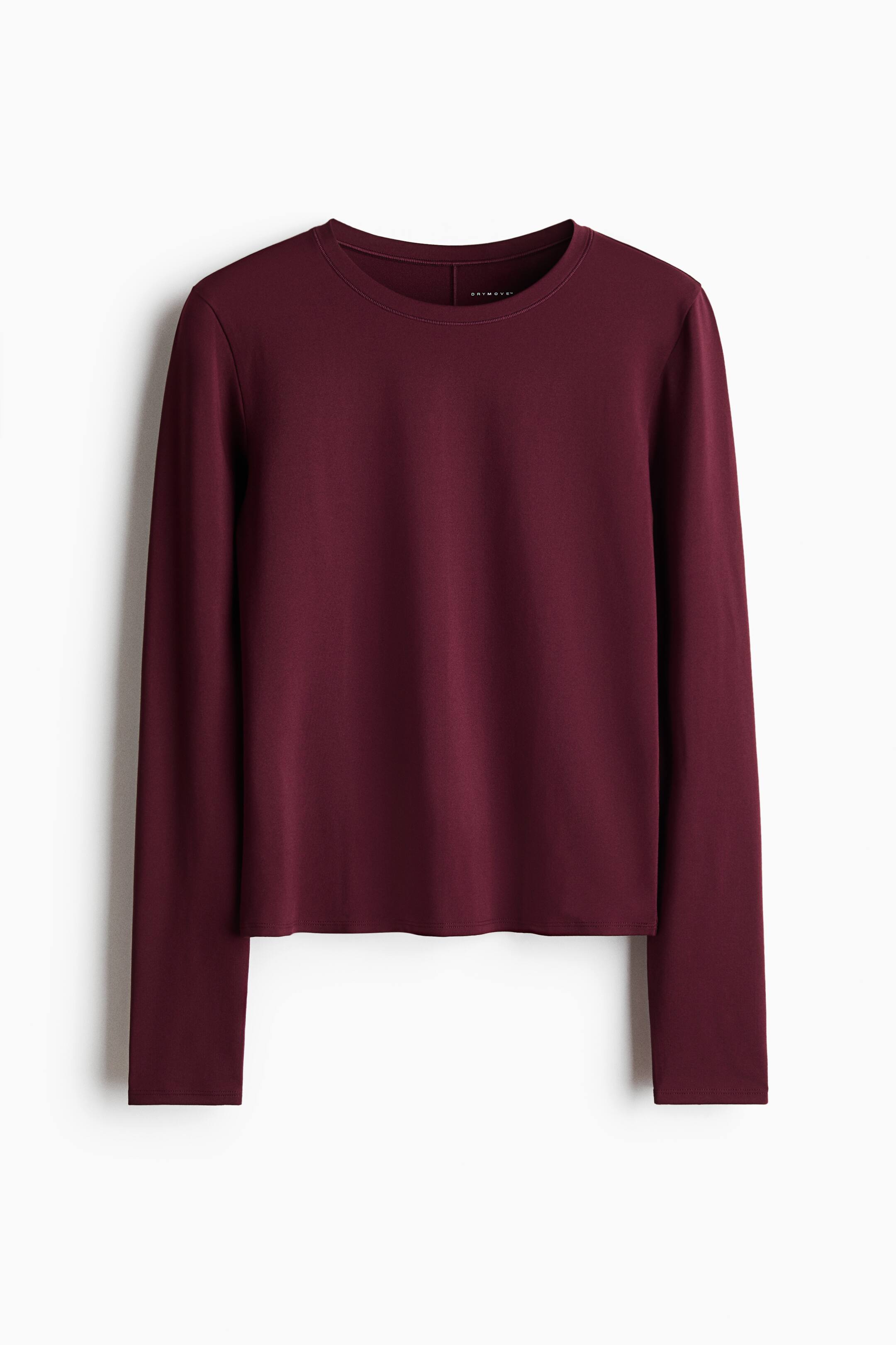 Voir une image plus grande: Un haut de sport avec DryMove? est présenté de face, avec des manches longues, un col rond et un tissu bordeaux lisse.