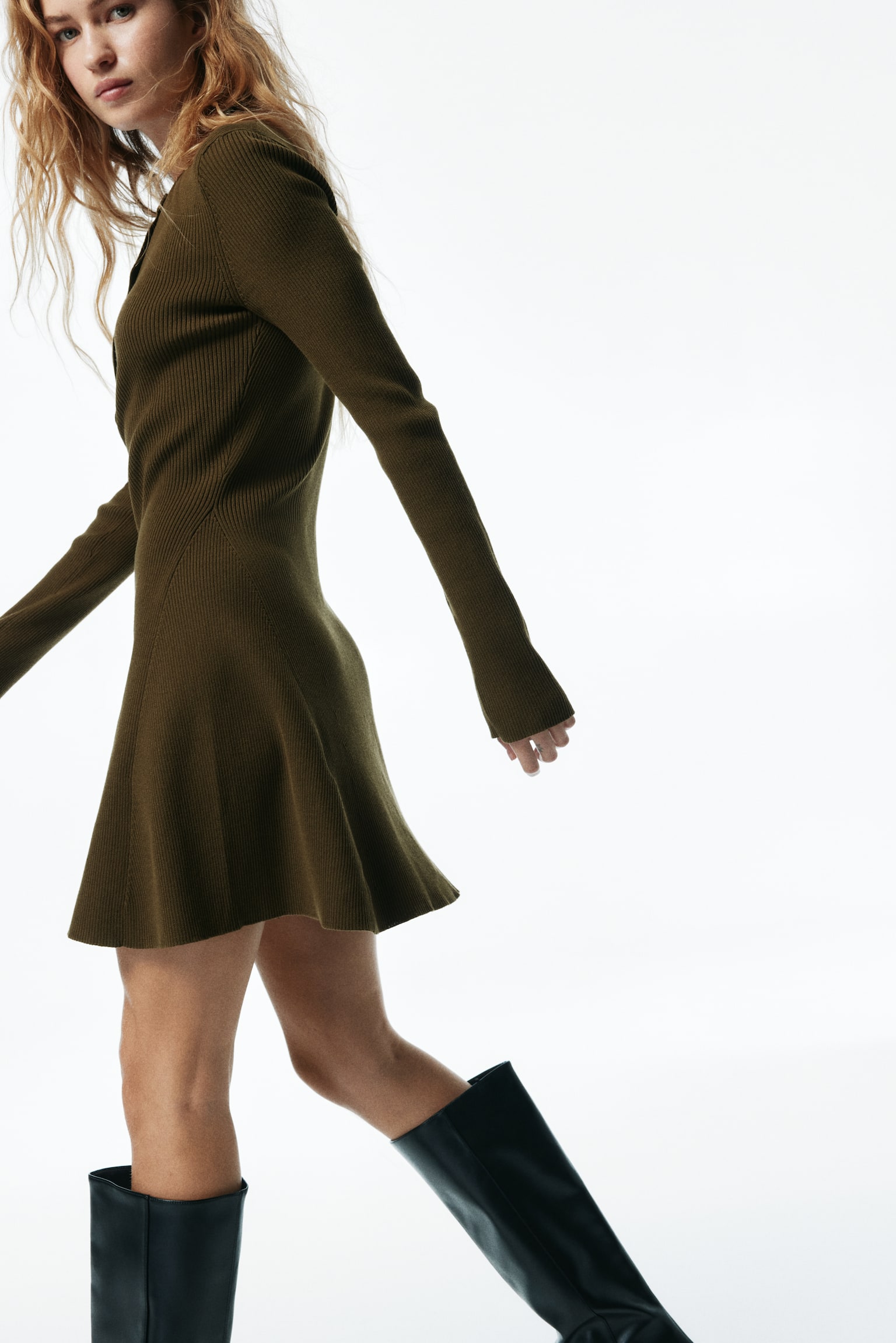 Rib-knit flared-skirt dress - Dark olive green/Dark grey/Navy blue/Light blue - 4