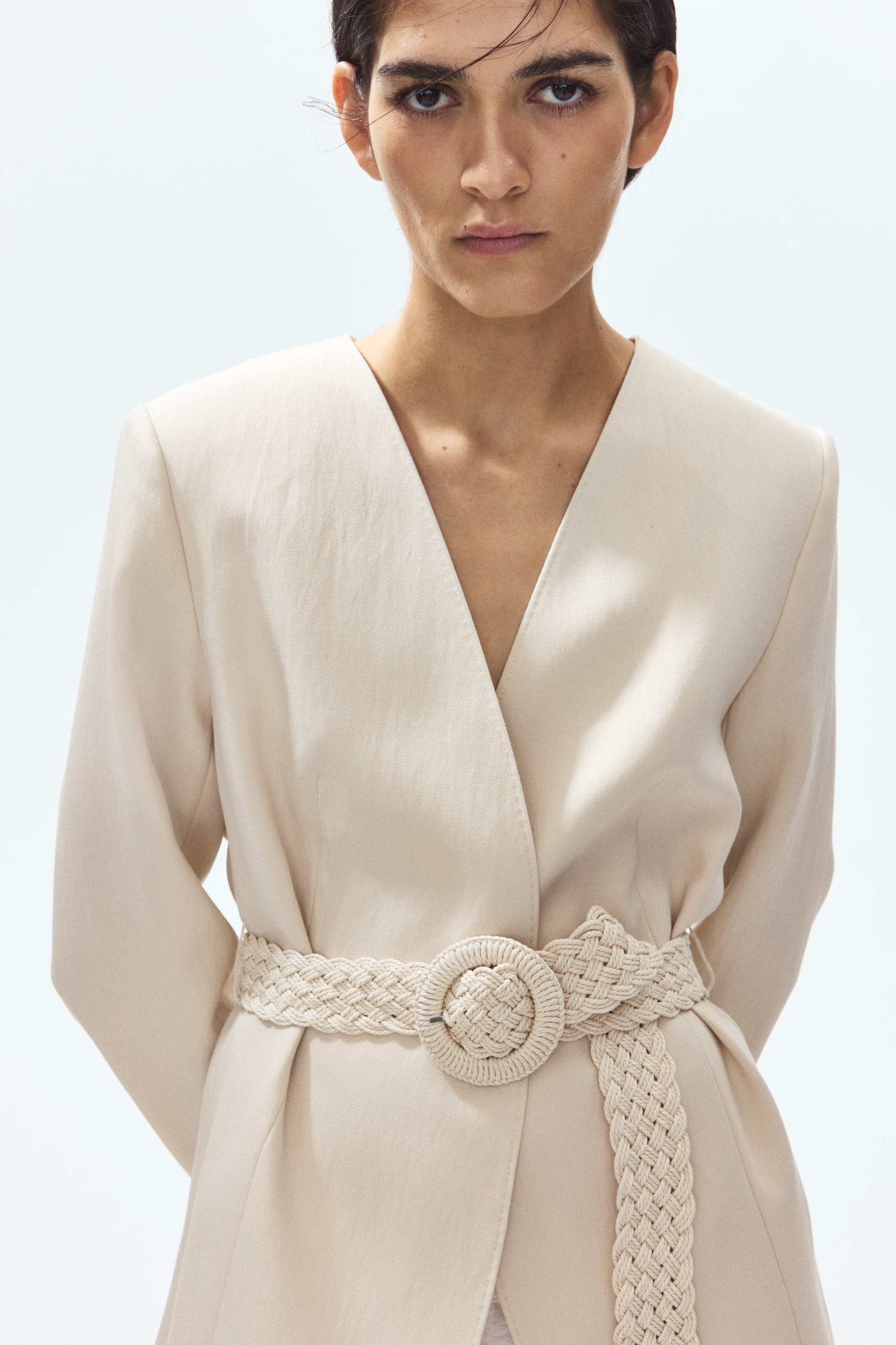 Belted Lapelless Jacket