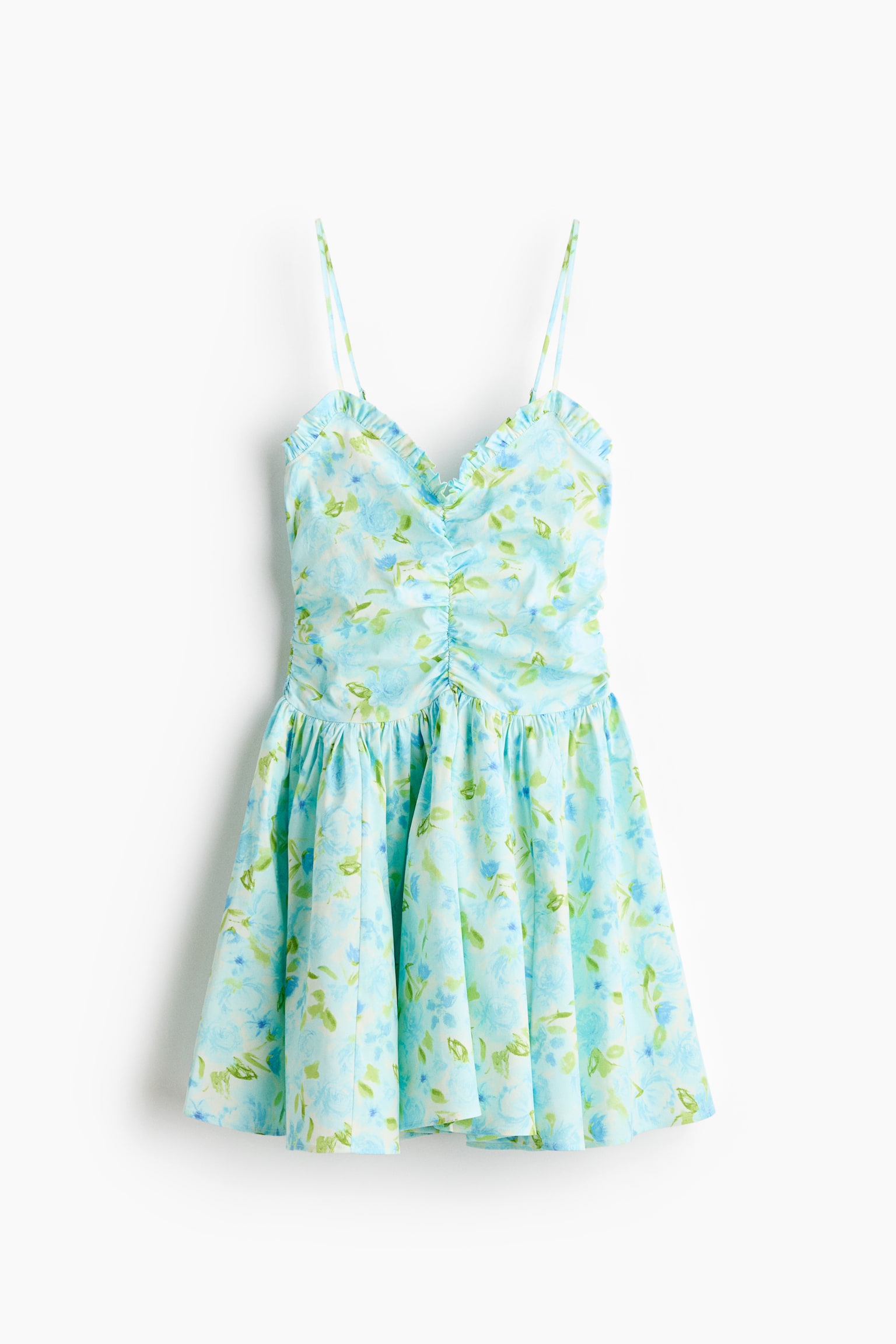 Ruched cotton dress - Light turquoise/Floral - 1