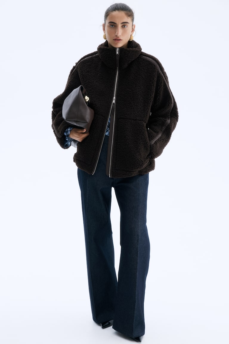 Loose teddy jacket Dark brown Ladies H&M GB