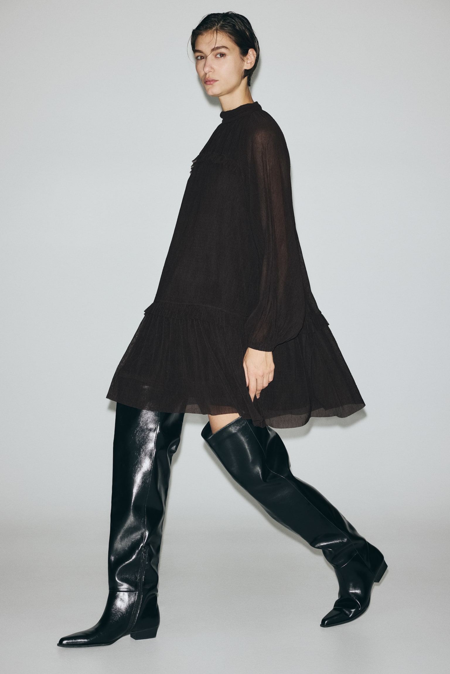 Plissé jersey dress - Dark brown - 1