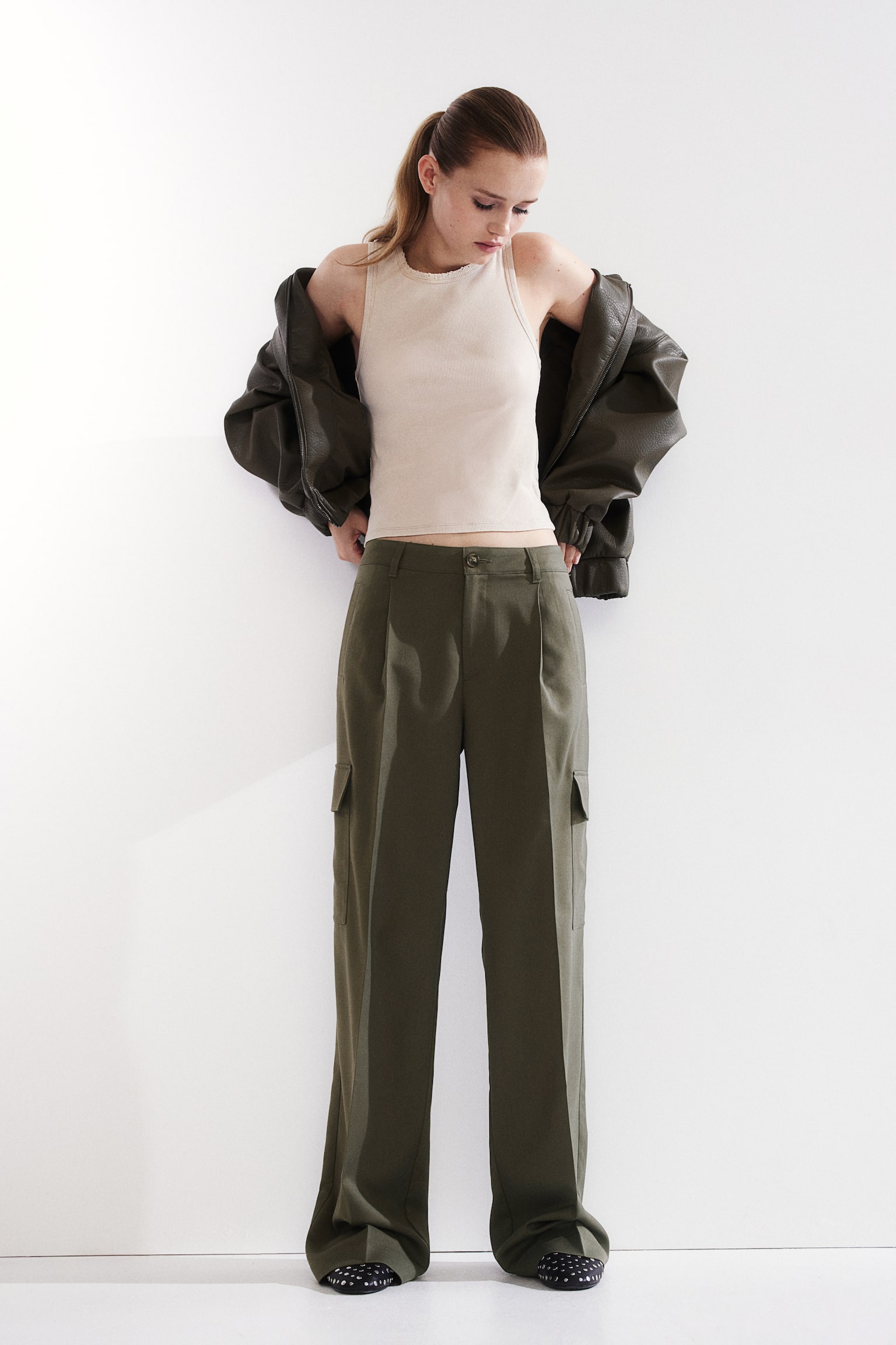 Wide cargo trousers - Khaki green/Dark brown - 1