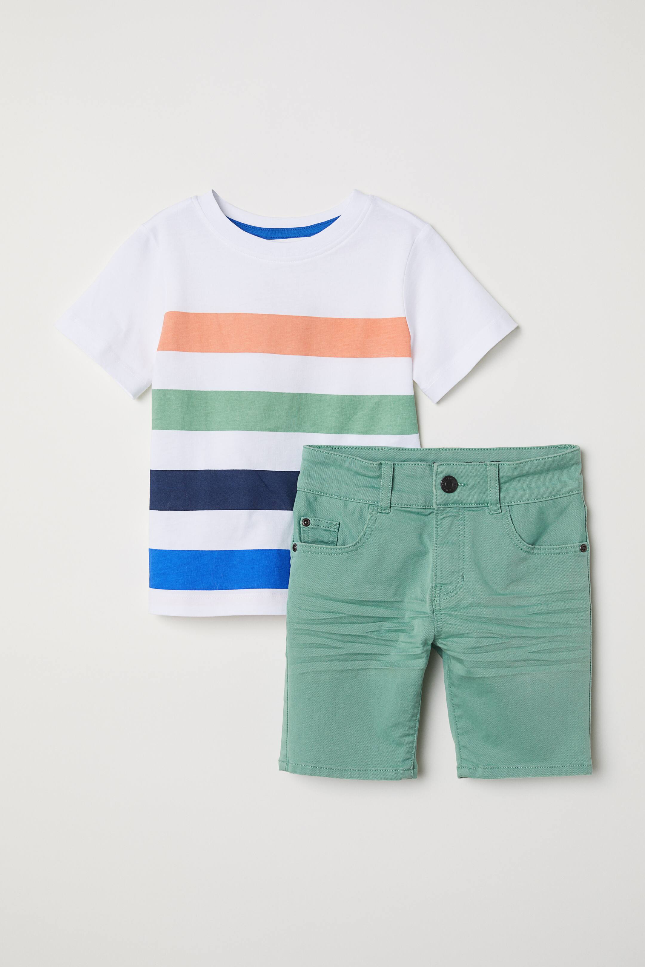 View larger image: T-shirt and twill shorts - Light green/Striped - Kids | H&M GB 1