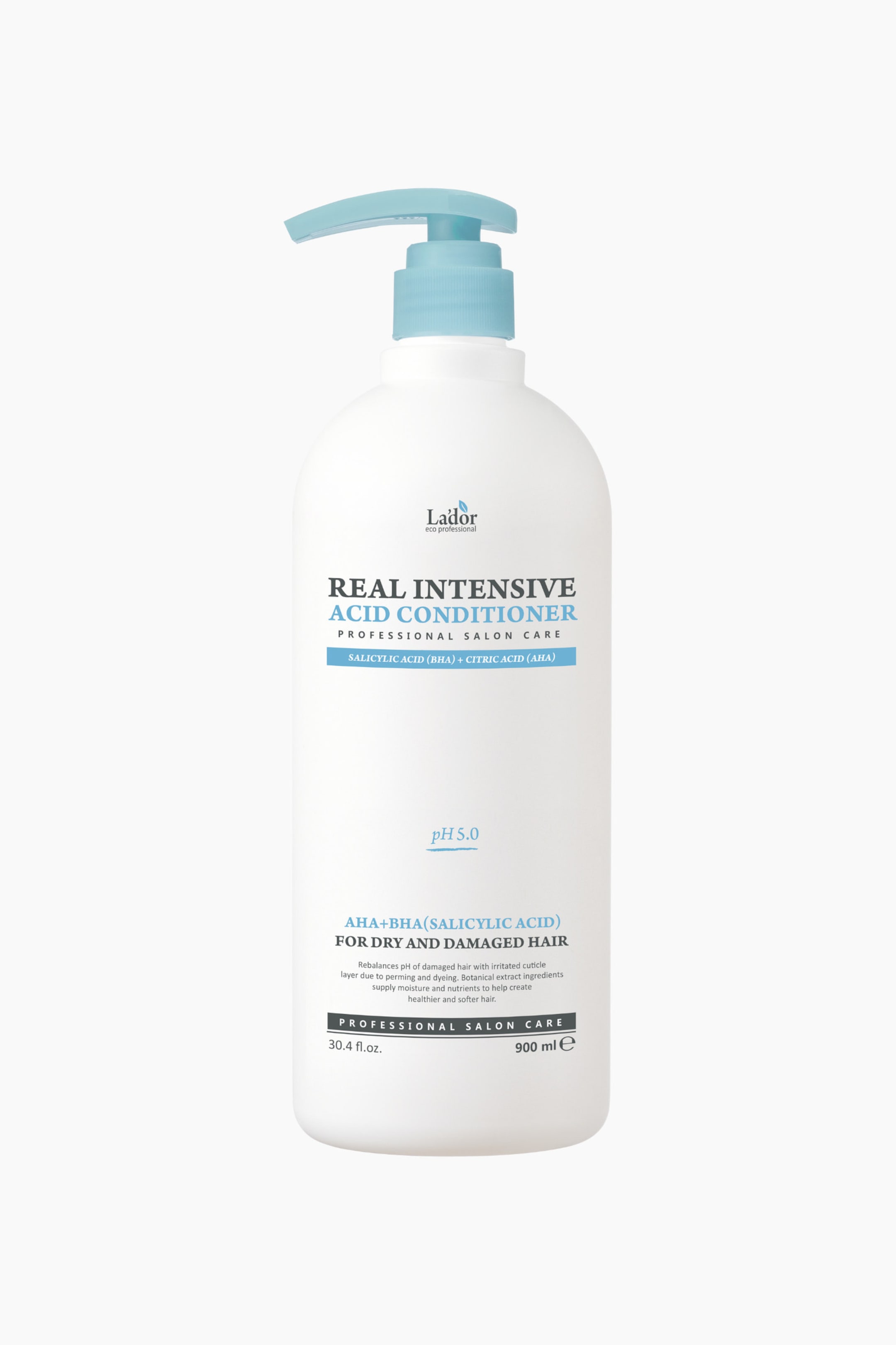 Vis større bilde: En hvit, ugjennomsiktig flaske med balsam står oppreist og har en lyseblå pumpe-dispenser. Flasken er trykt med "REAL INTENSIVE ACID CONDITIONER," "pH 5.0," og "900 ml."