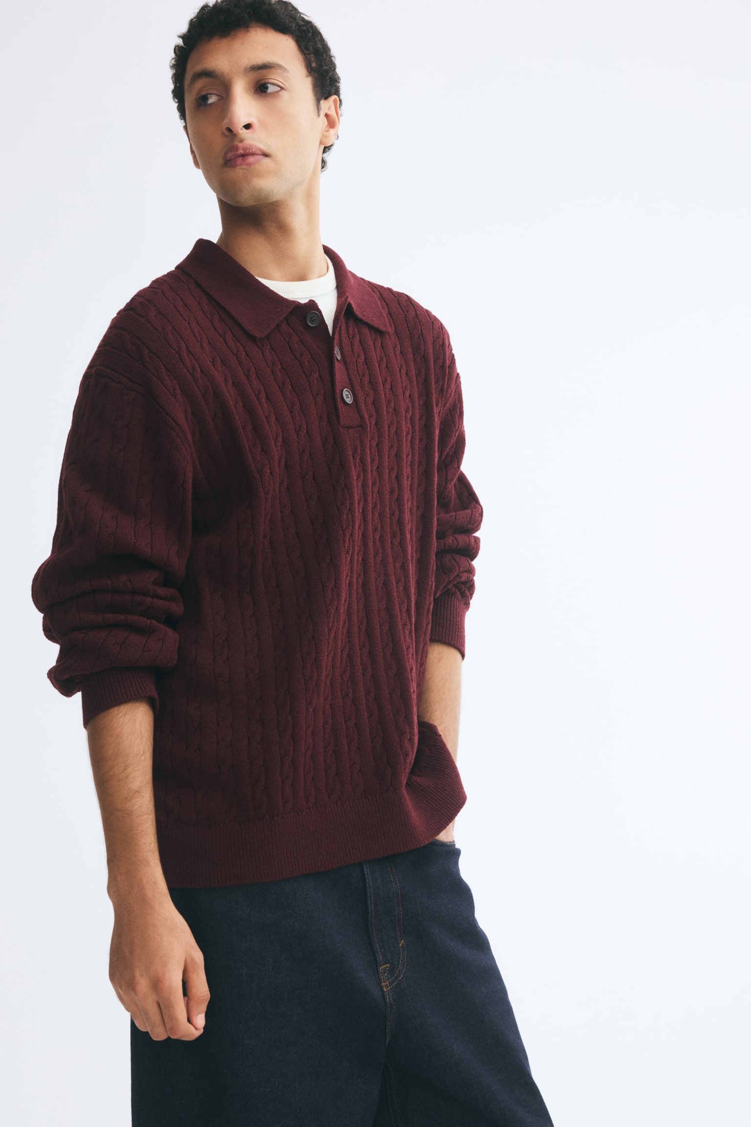 Мужской свитер H&M Relaxed-Fit Cable-Knit Polo, цвет: Бордовый — фото 4