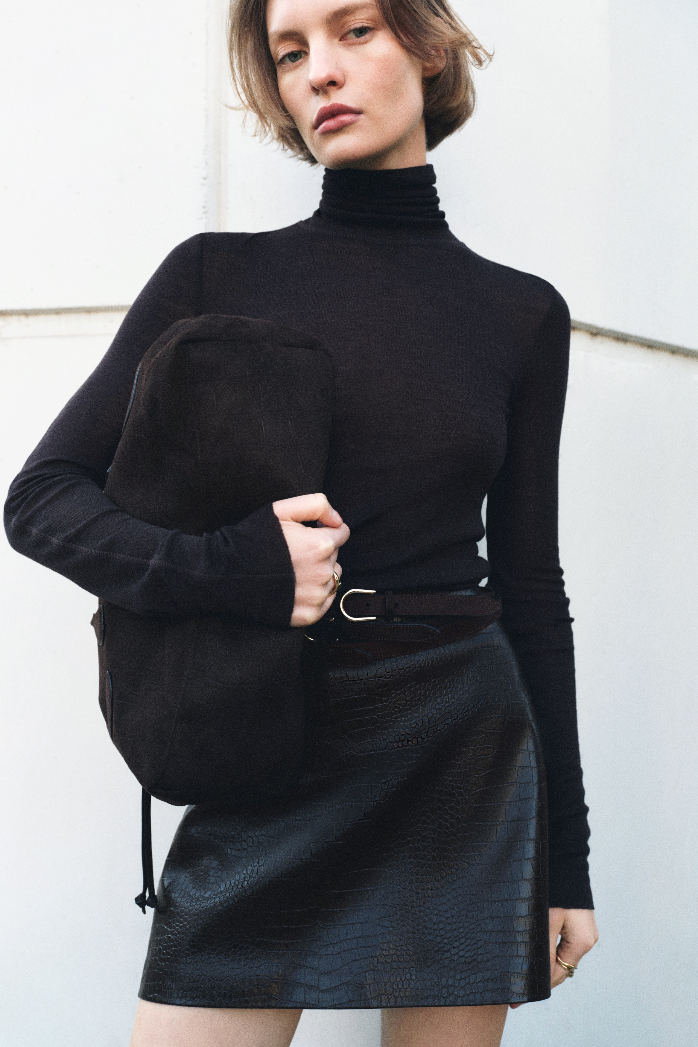 Minijupe en tissu enduit - Marron foncé