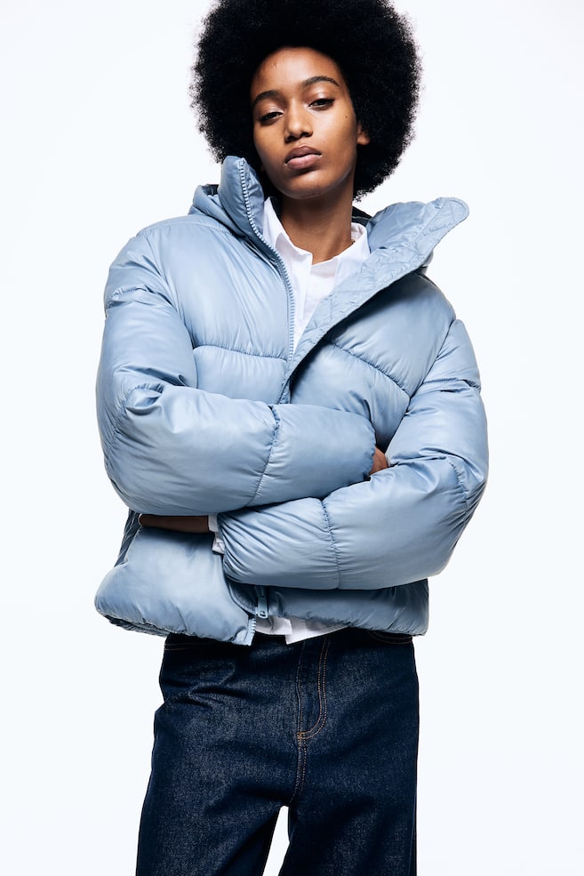 Hooded puffer jacket - Light blue/Black/Natural white - 1