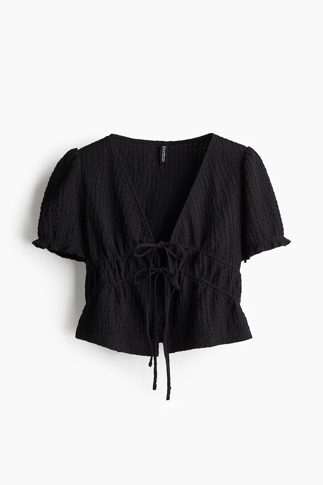 Crinkled Tie-Front Top - Black/White - 1