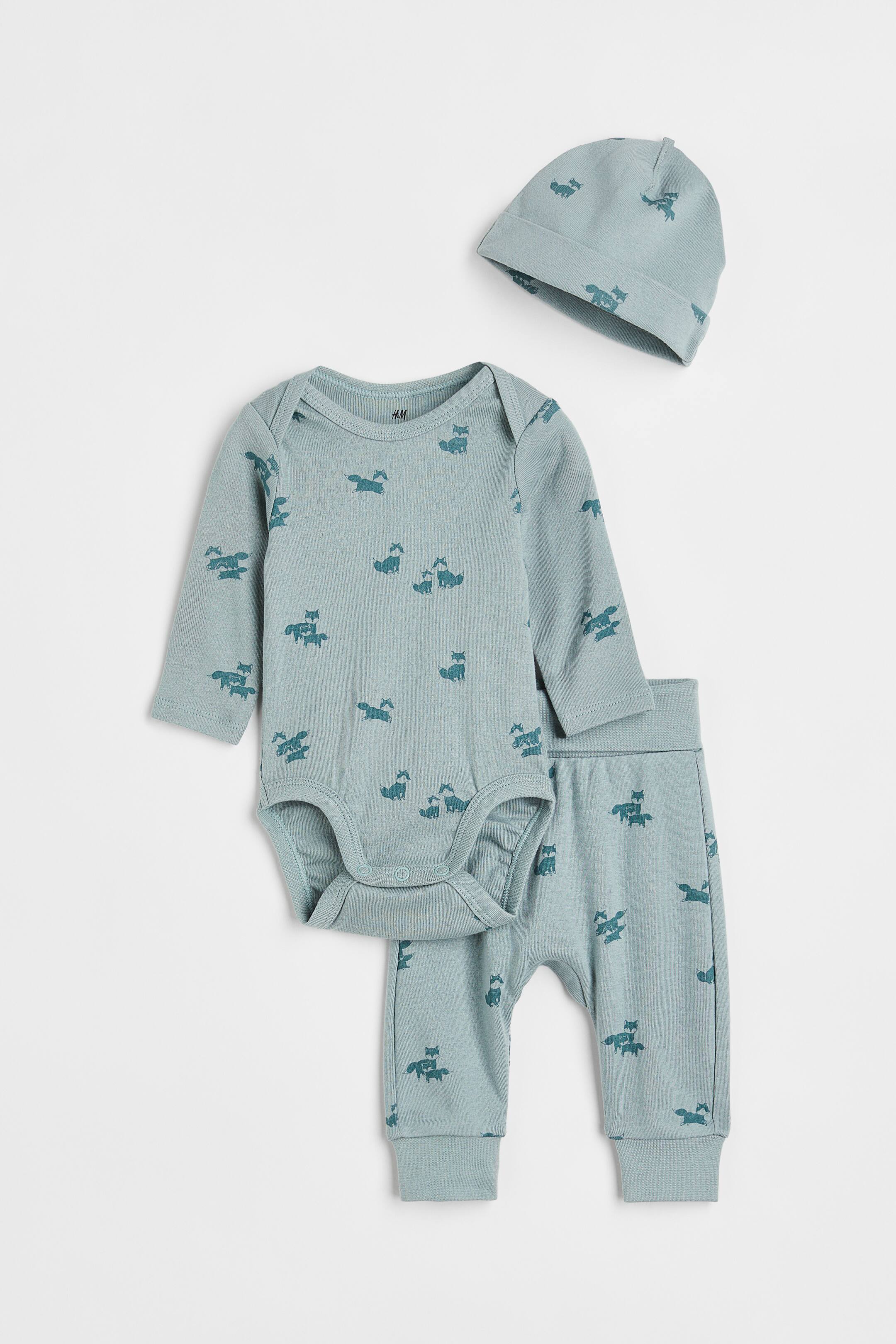 View larger image: 3-piece cotton jersey set - Turquoise/Foxes - Kids | H&M 1