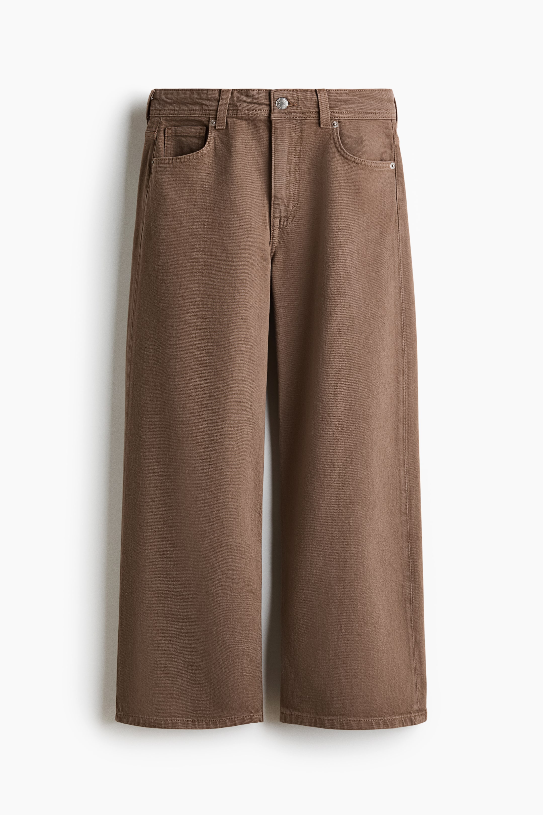 View larger image: Brown 5-pocket jeans are displayed front-facing, showcasing a high waist with a button and zip fly closure. The wide-leg design exhibits a regular fit from the waist to the hip, transitioning into a wide cut from the thigh to the ankle-length hem.