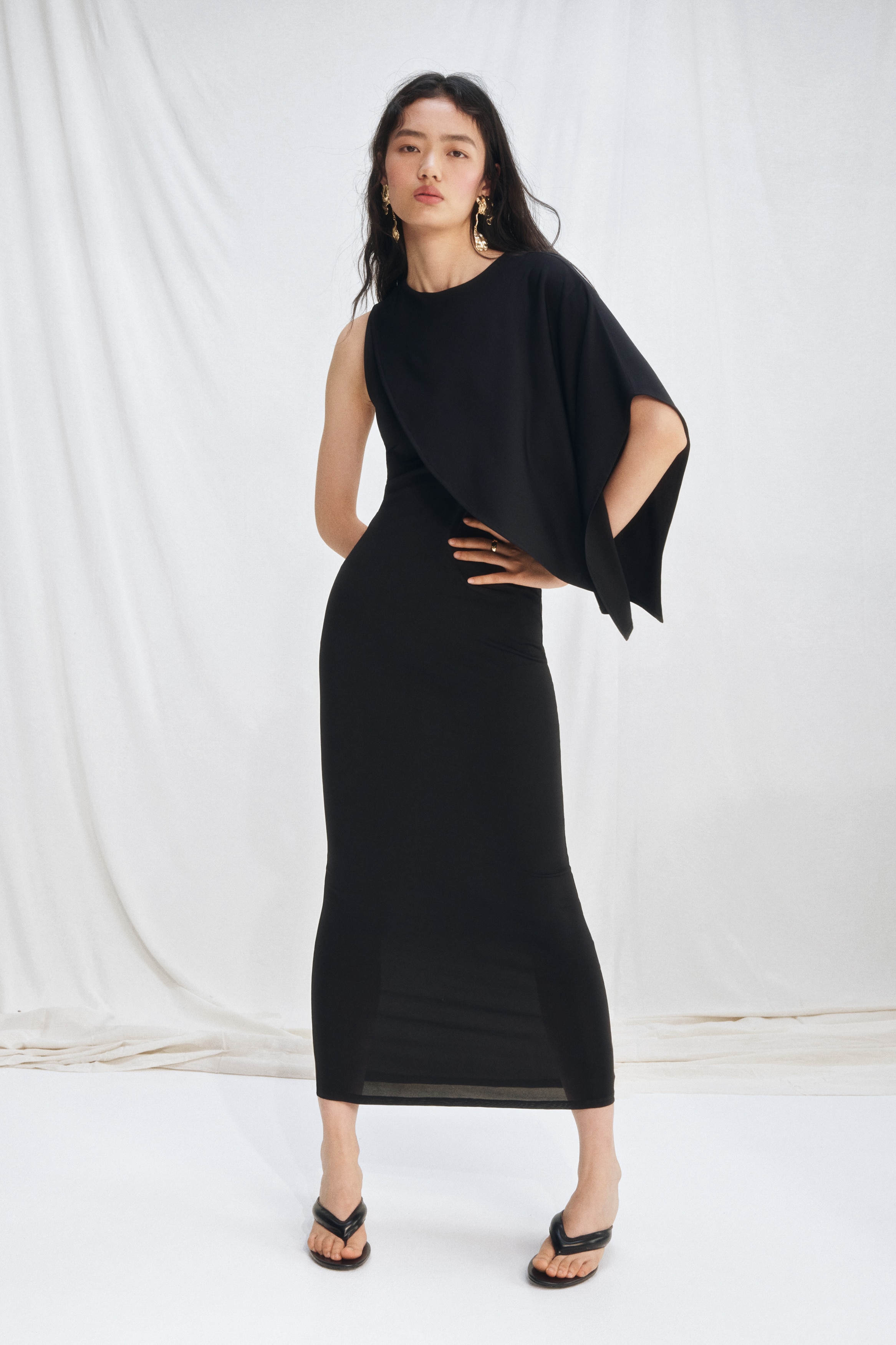 Asymmetric Cape-Detail Dress-Black