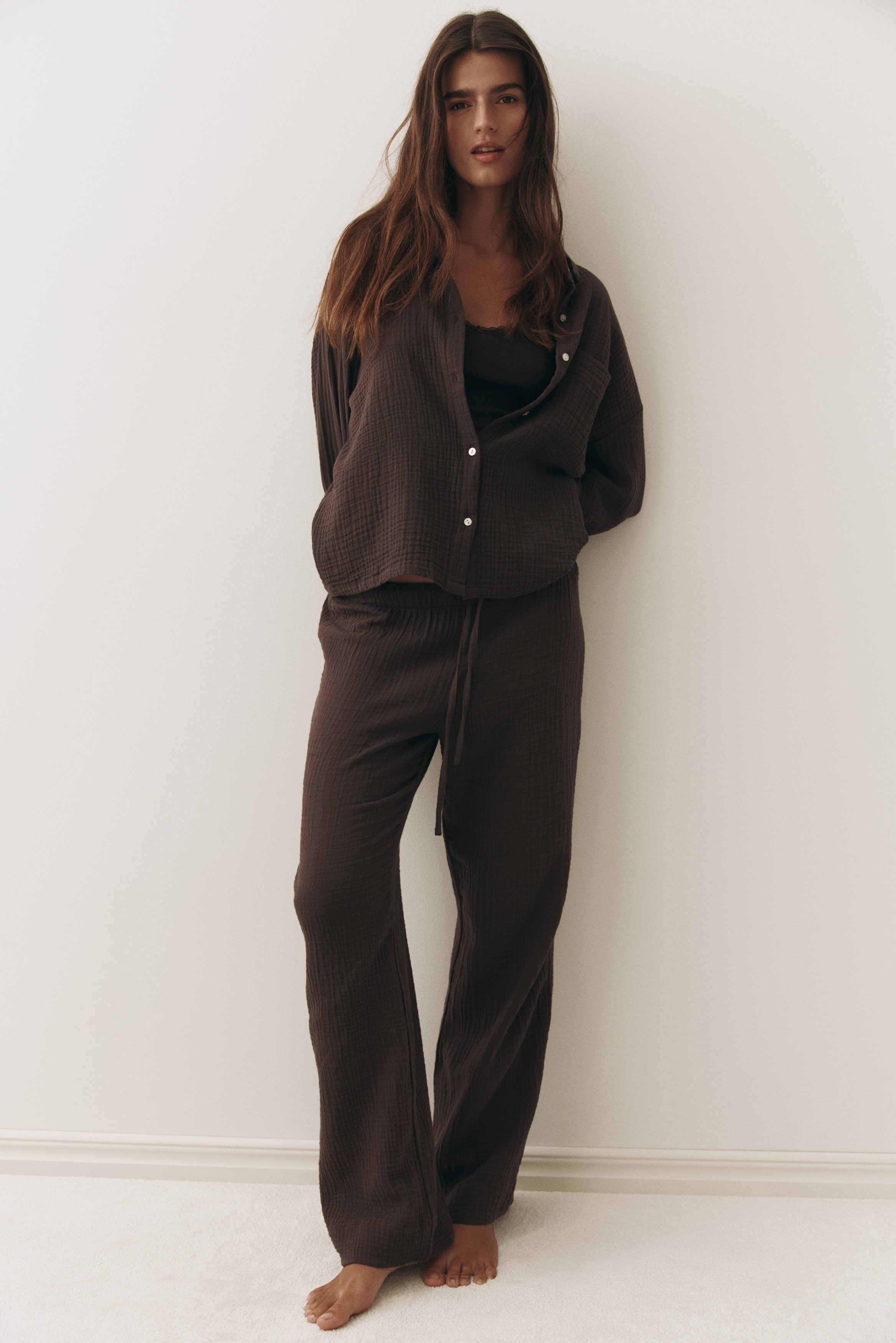 Damen - Pyjama aus Baumwollmusselin Braun - Size: XXS  - H&M