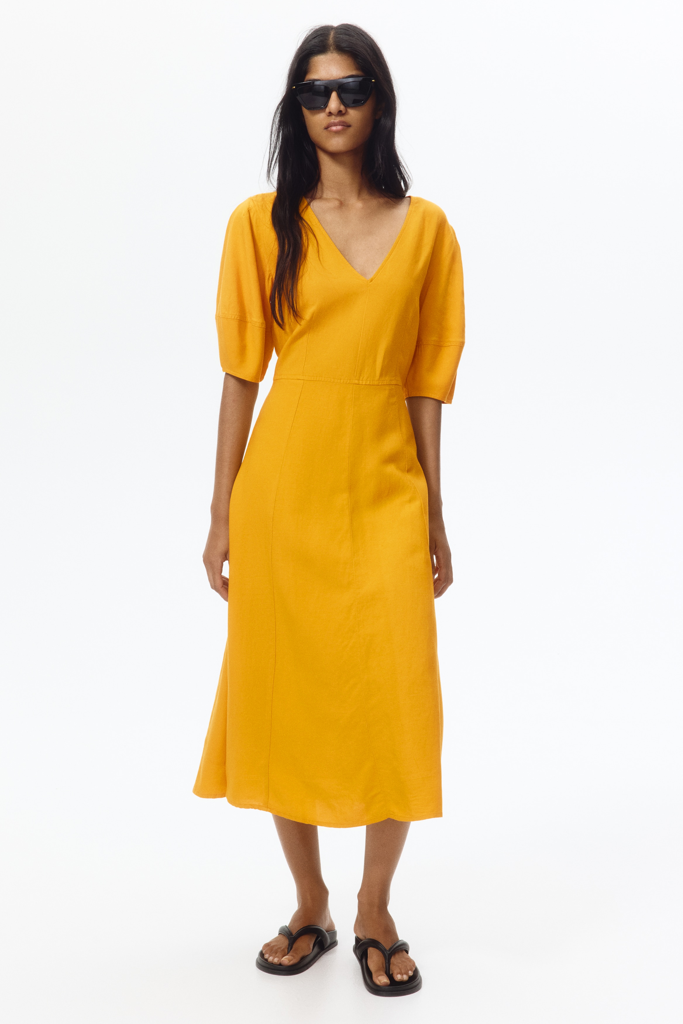 Linen-blend dress - Dark yellow/Dark red