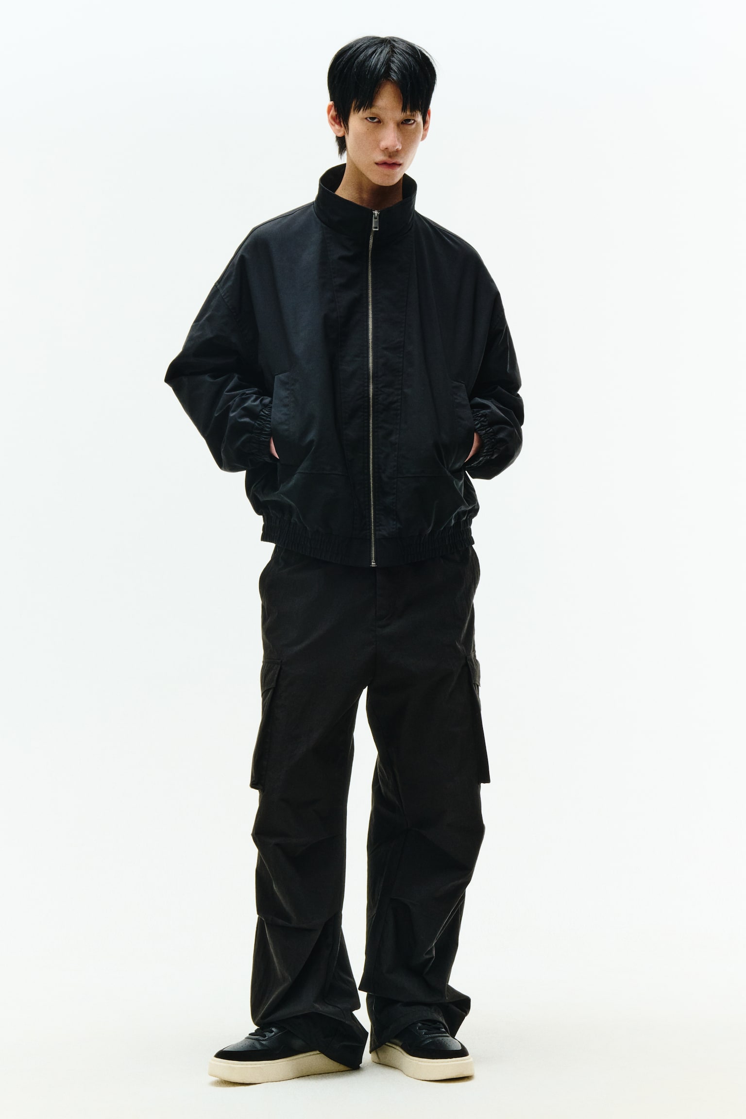 퍼널넥 재킷 루즈핏 - 블랙/카키 베이지 - 3