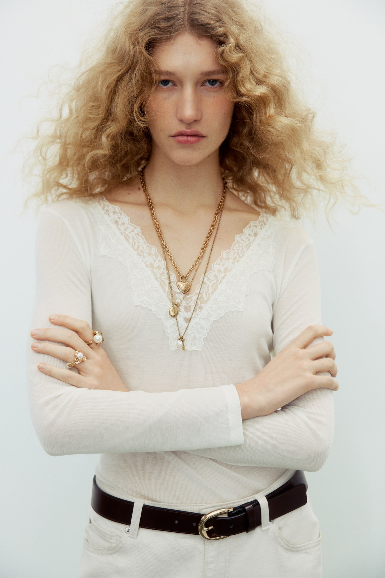 Lace-trimmed top - White/Dark brown/Dark grey marl - 5