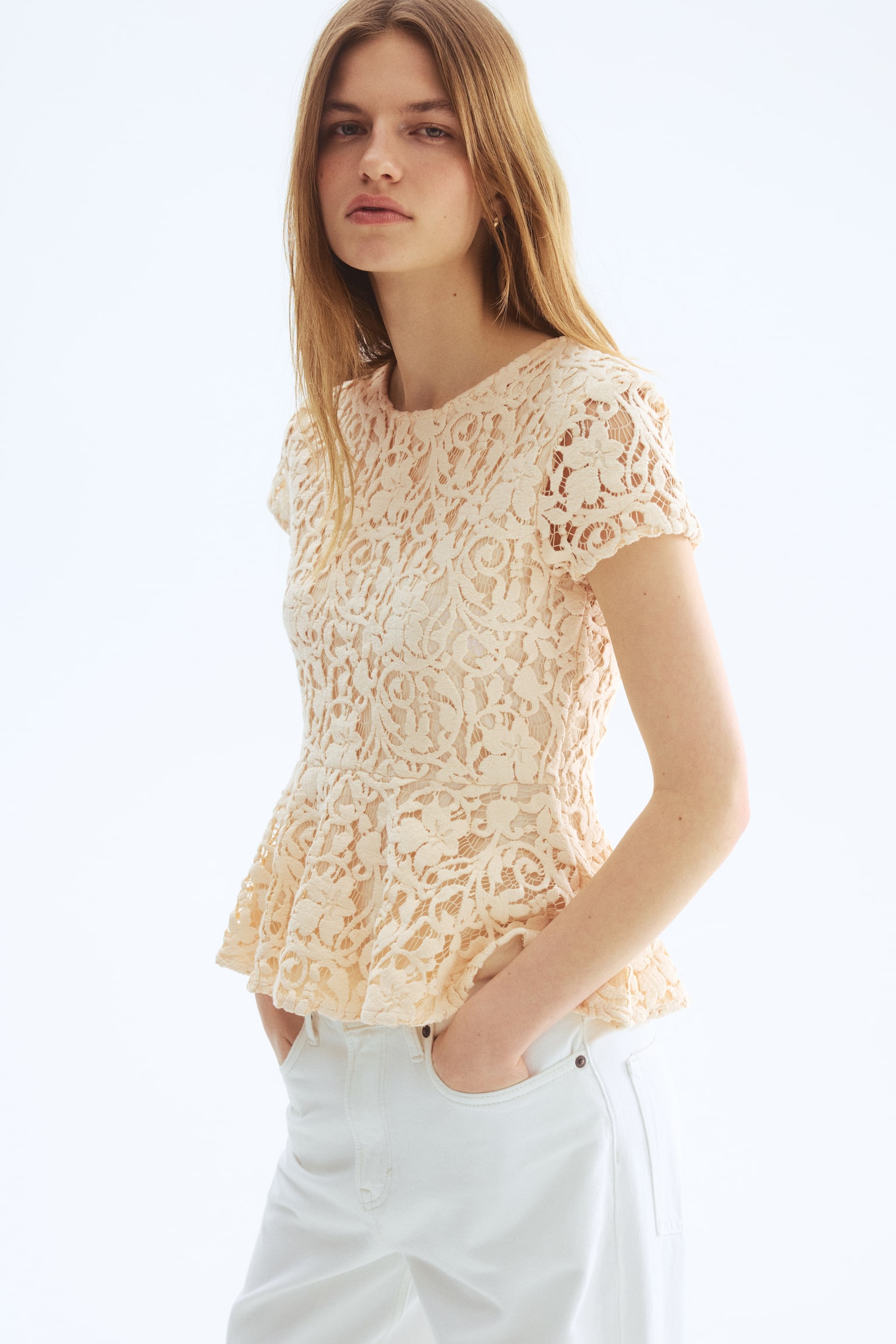 Crochet-look peplum top - Cream - 5