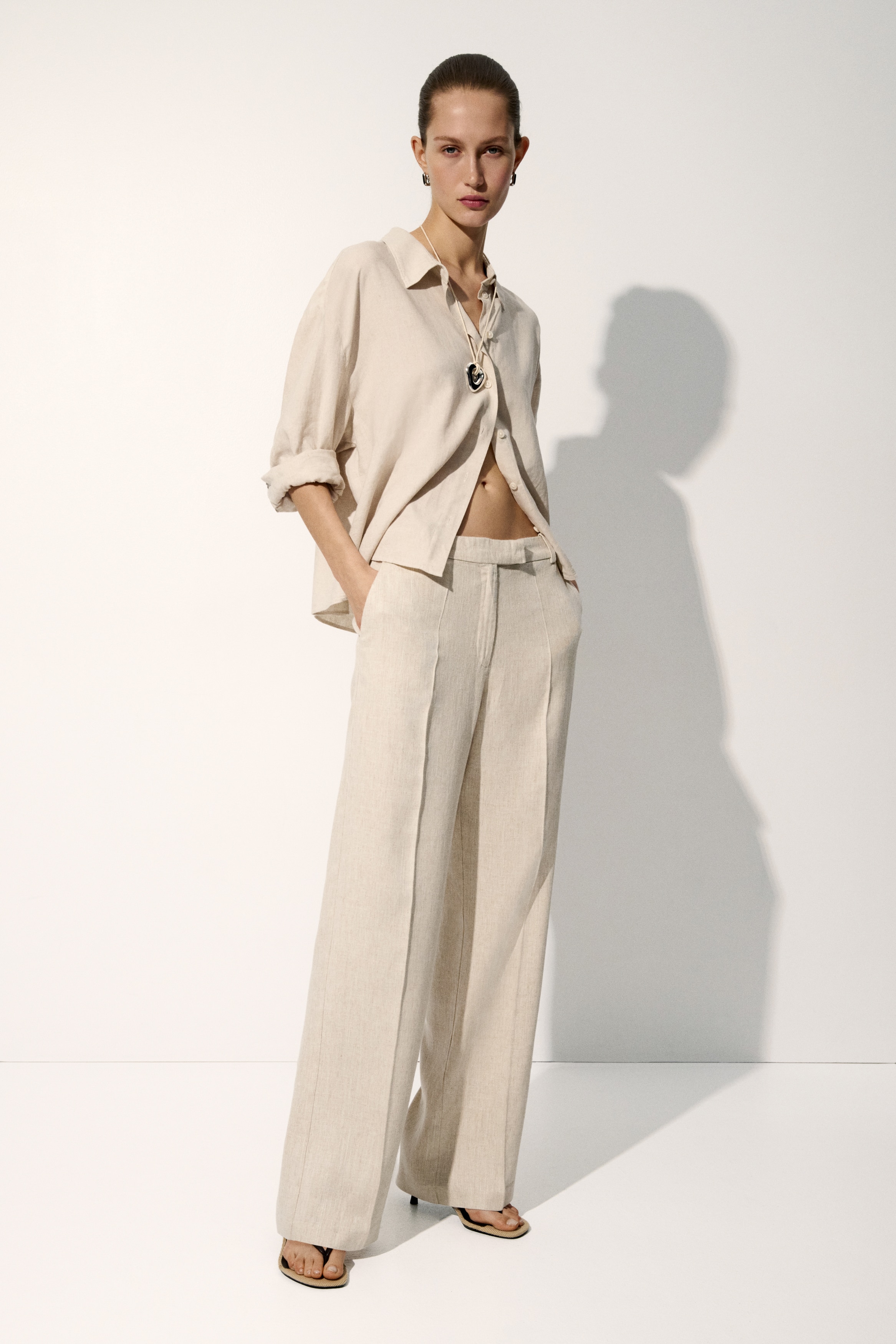Pantalon van linnenmix - Lichtbeige/Zwart/Donkerbruin