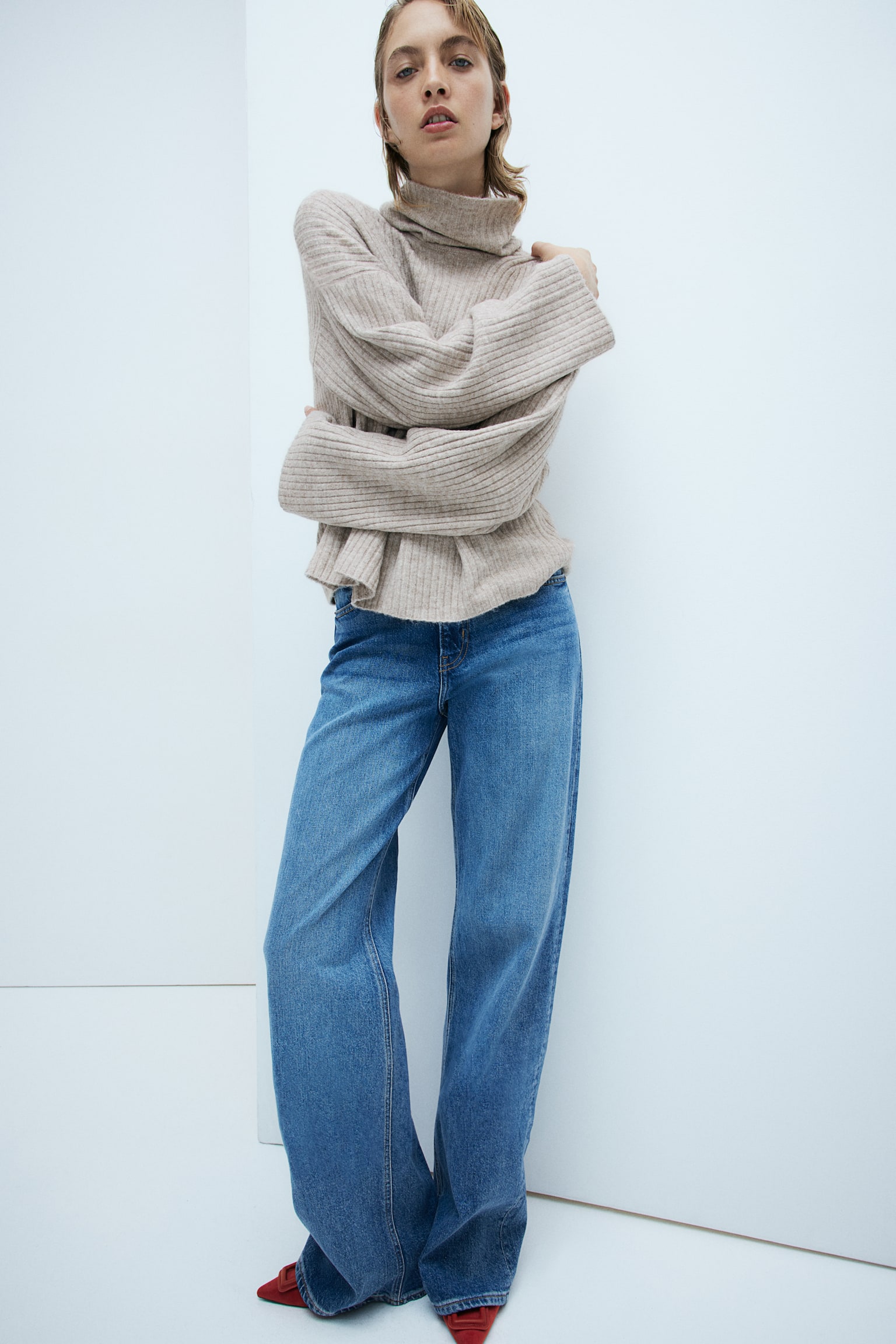 Oversized polo-neck jumper - Light beige marl/Dark grey marl/Cream/Light beige marl/Striped/Natural white/Striped - 5