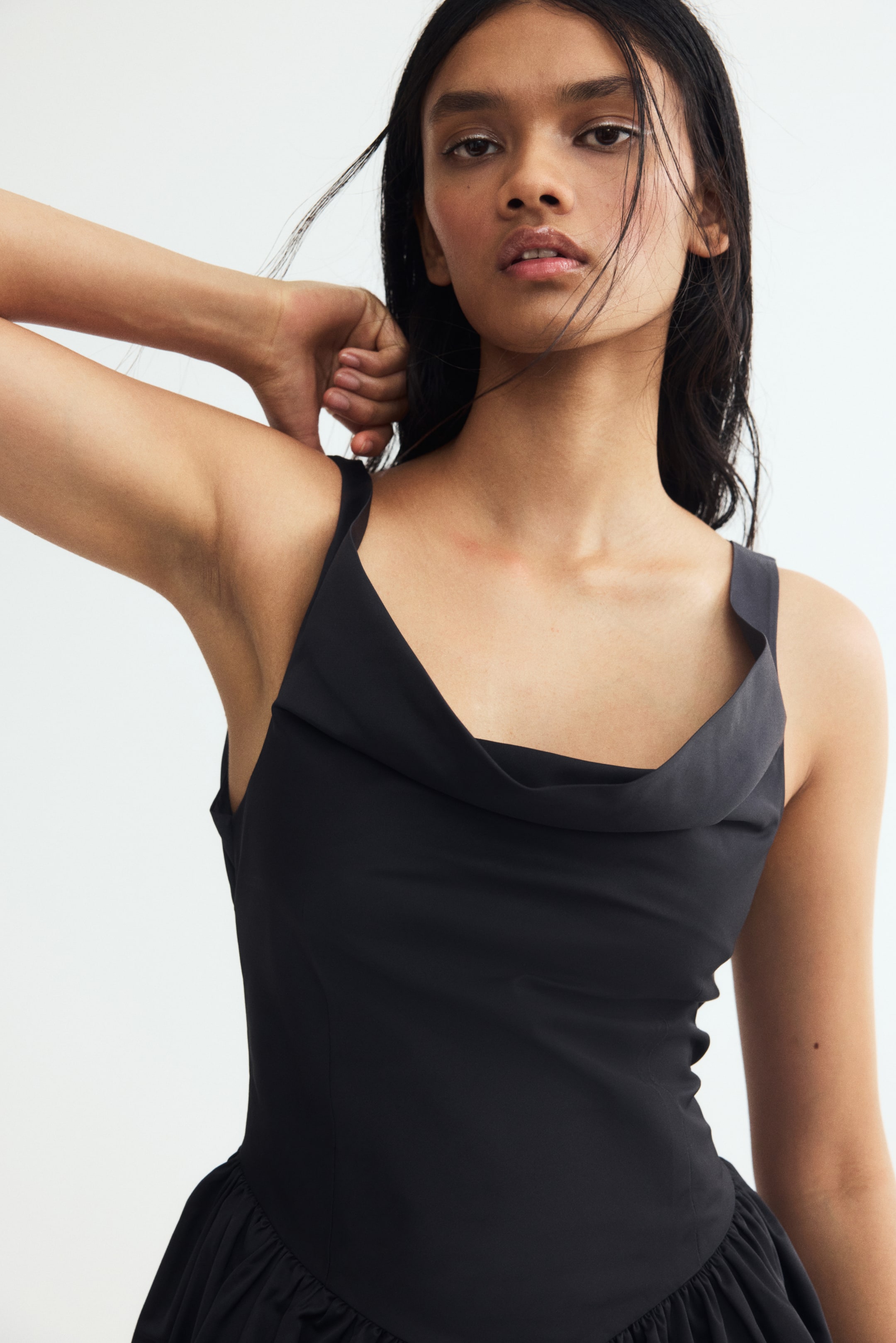 Cowl-Neck Dress with Flared Skirt