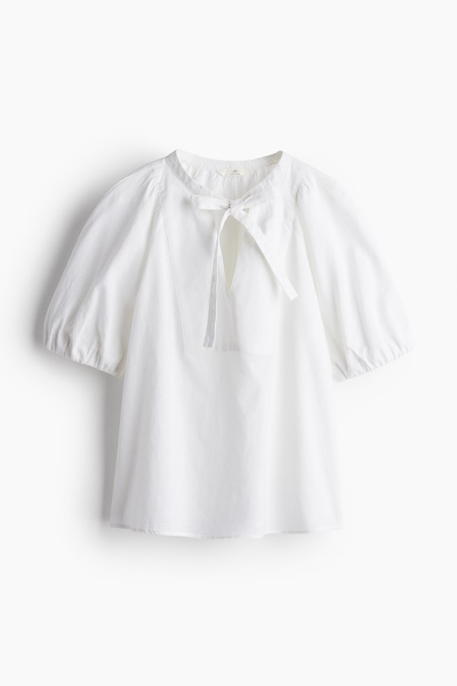Blouse en lin mélangé avec col à nouer - Blanc - 1