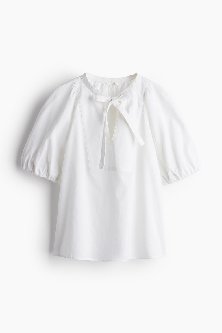 Linen-blend tie-neck blouse White Ladies H&M IN