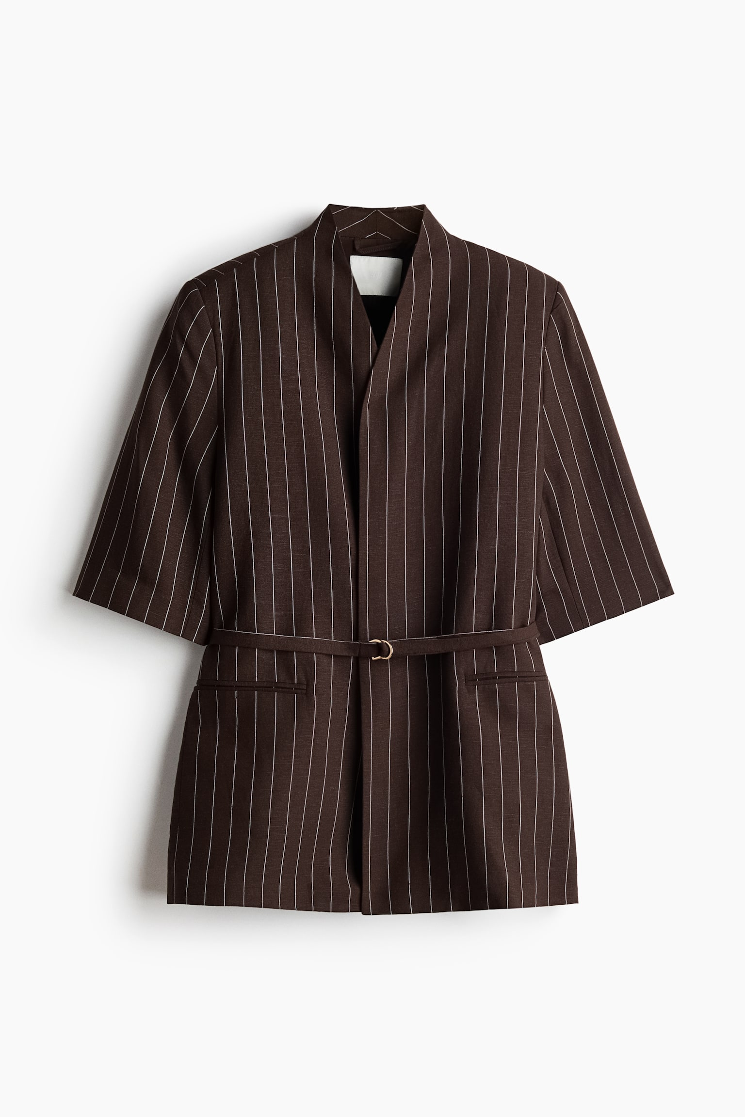 Short-sleeved linen-blend blazer - Dark brown/Pinstriped/Light beige/Dark brown - 1