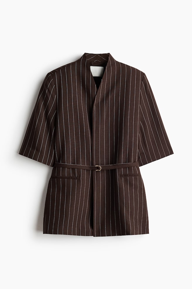 Short-sleeved linen-blend blazer-Dark brown/Pinstriped - 1