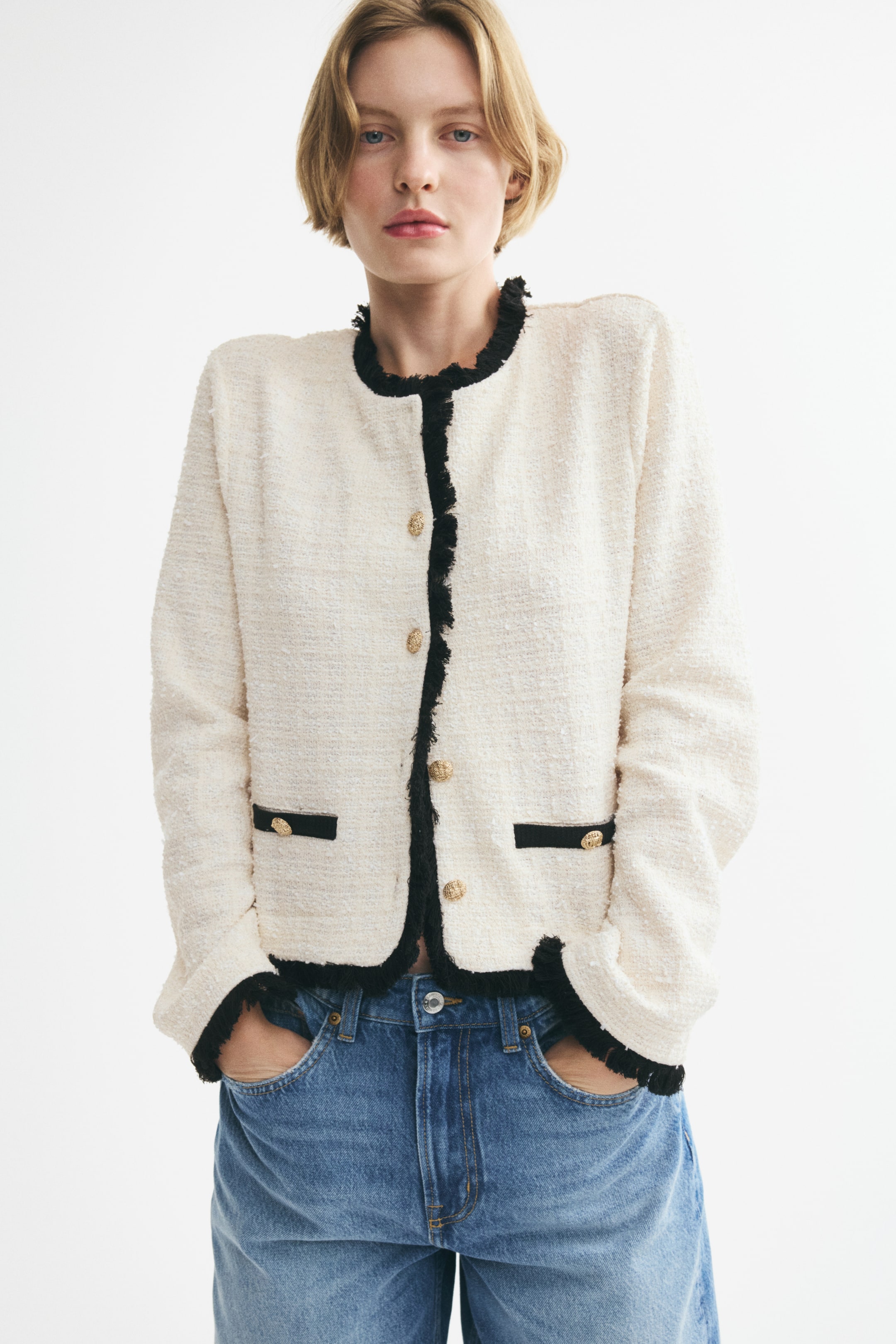 View larger image: Bouclé-Knit Jacket with Fringe - Cream - Ladies | H&M CA 1