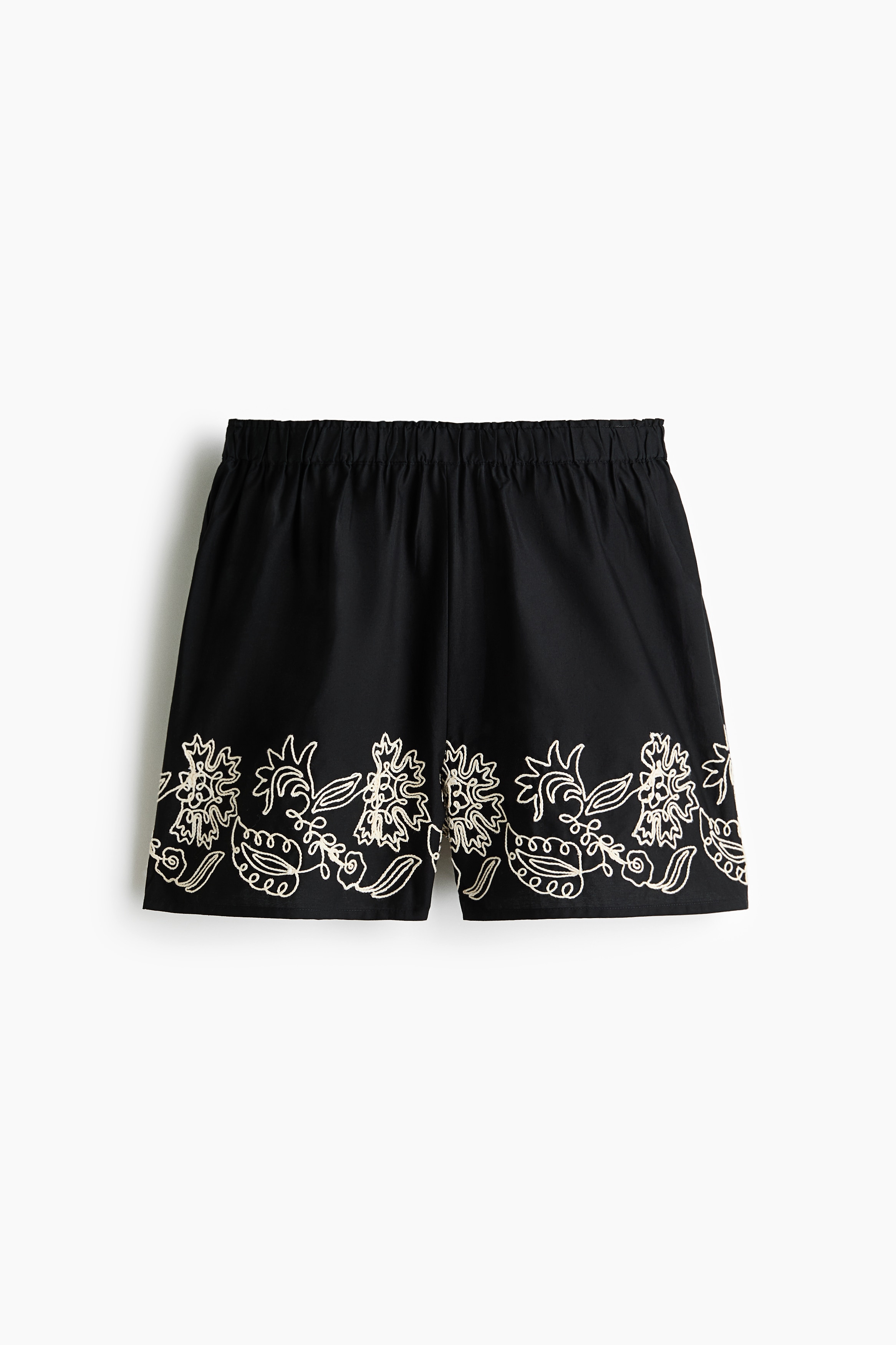 Short de plage brodé en coton - Noir/fleurs