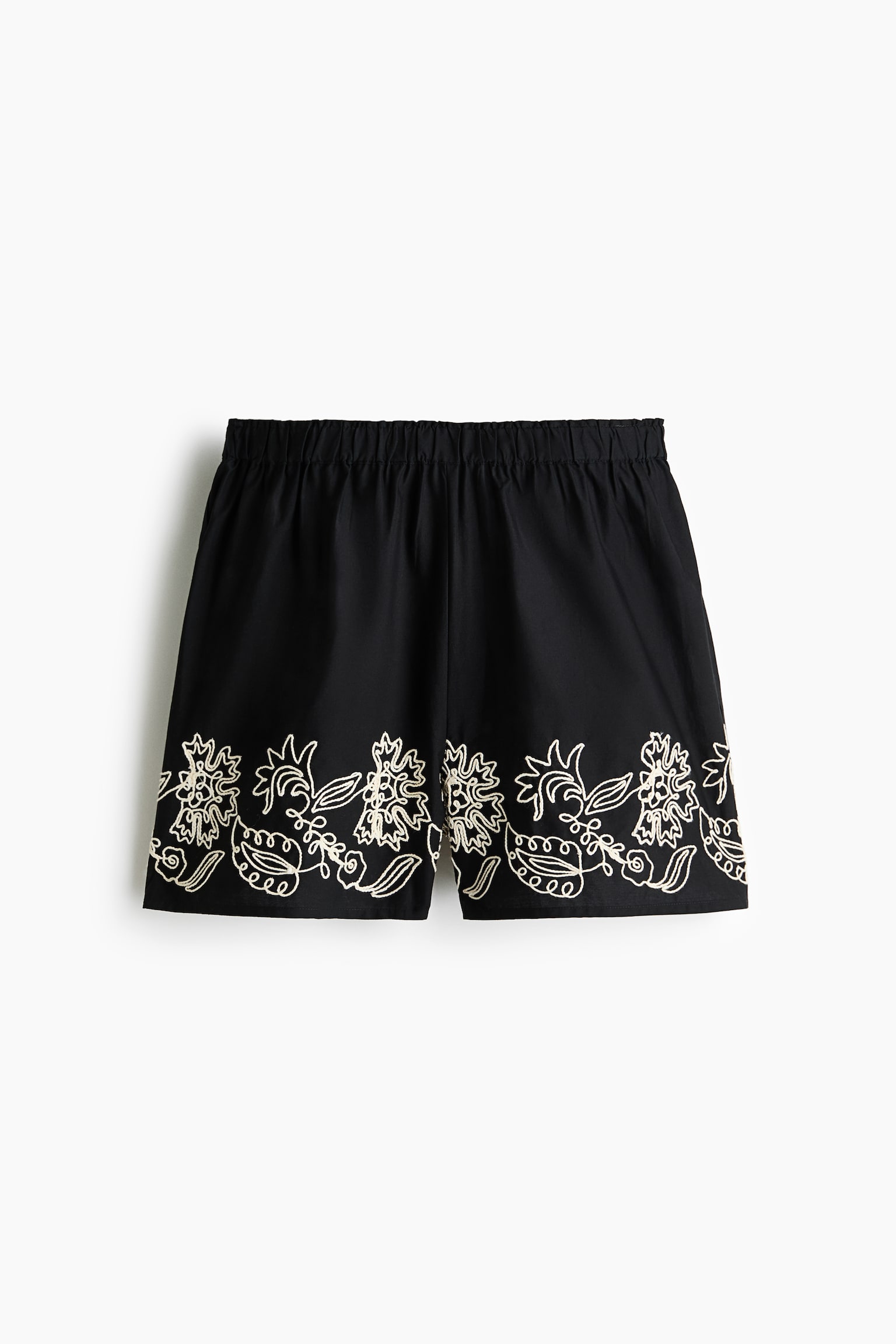 Embroidered cotton beach shorts - Black/Flowers - 2