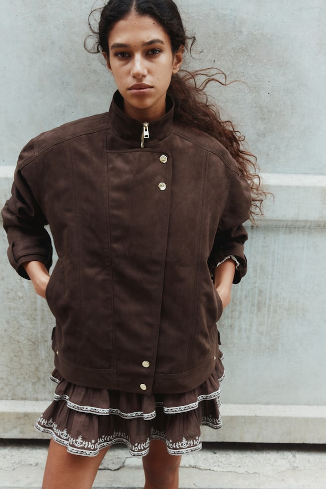 Oversized Biker Jacket-Dark brown - 5