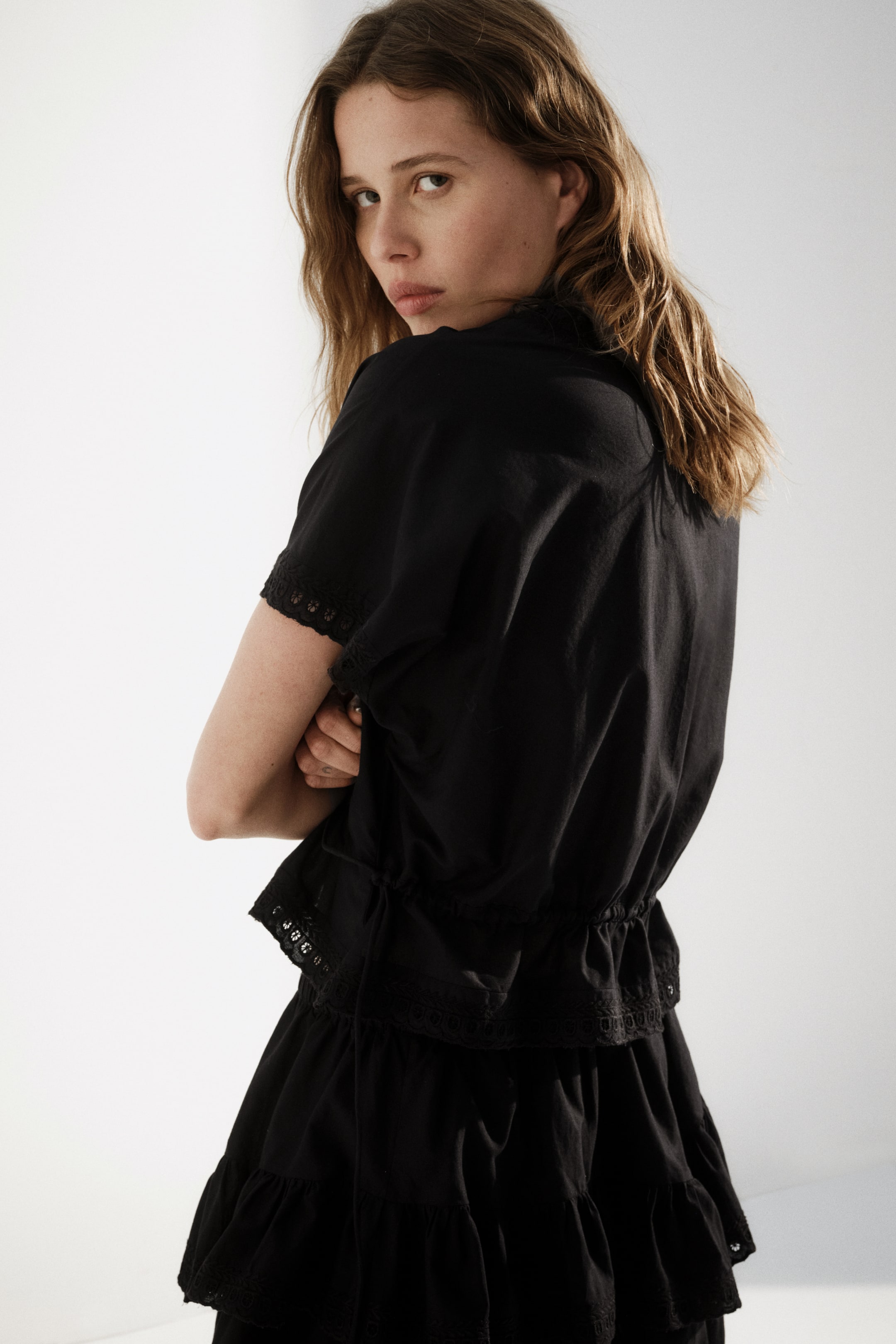 Button-Front Top with Eyelet Embroidery