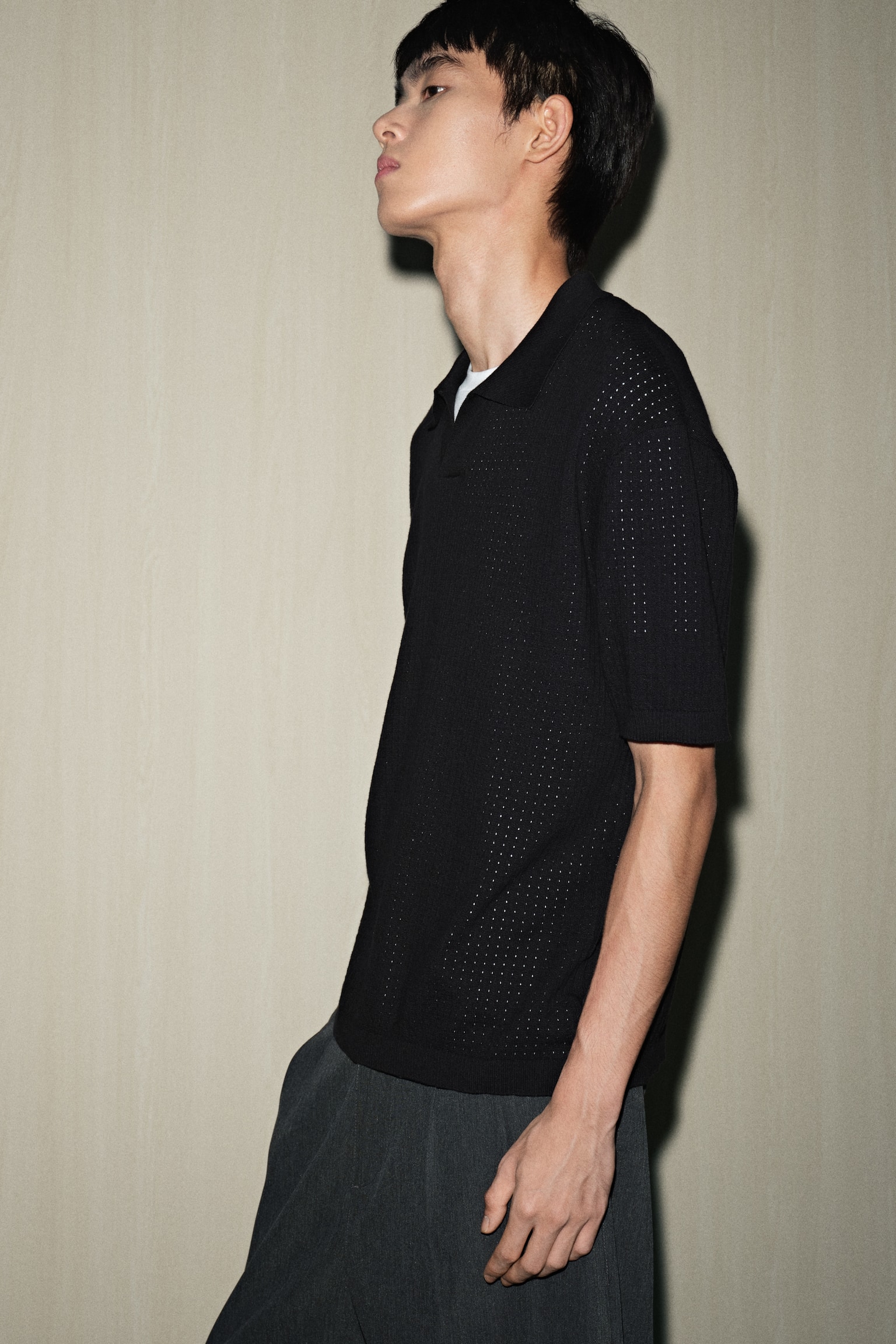 Loose Fit Textured-Knit Polo Shirt - Black/Cream - 3