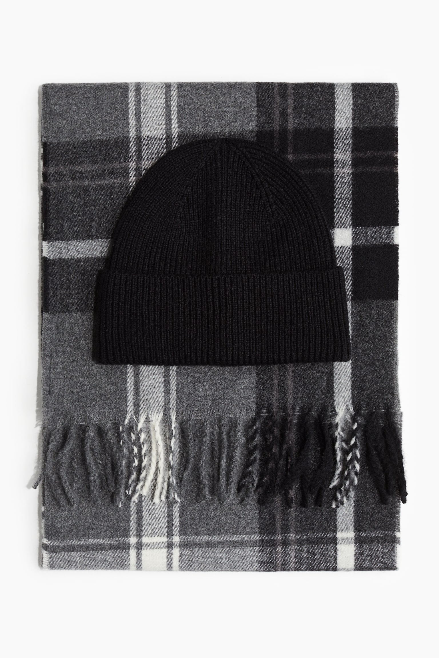 2-piece scarf and beanie set - Dark grey/Checked/Navy blue/Checked/Grey/Checked - 1