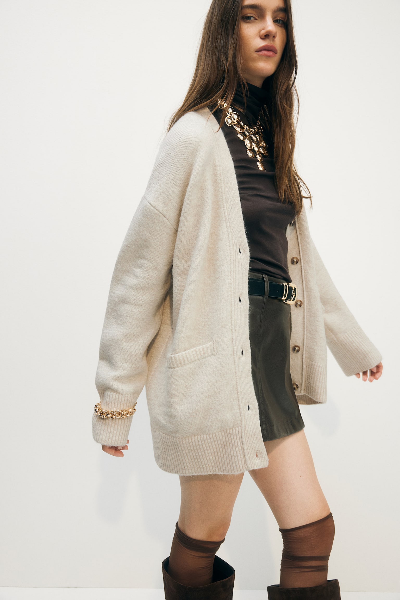 Oversized cardigan - Light beige marl/Light grey marl/Black - 5