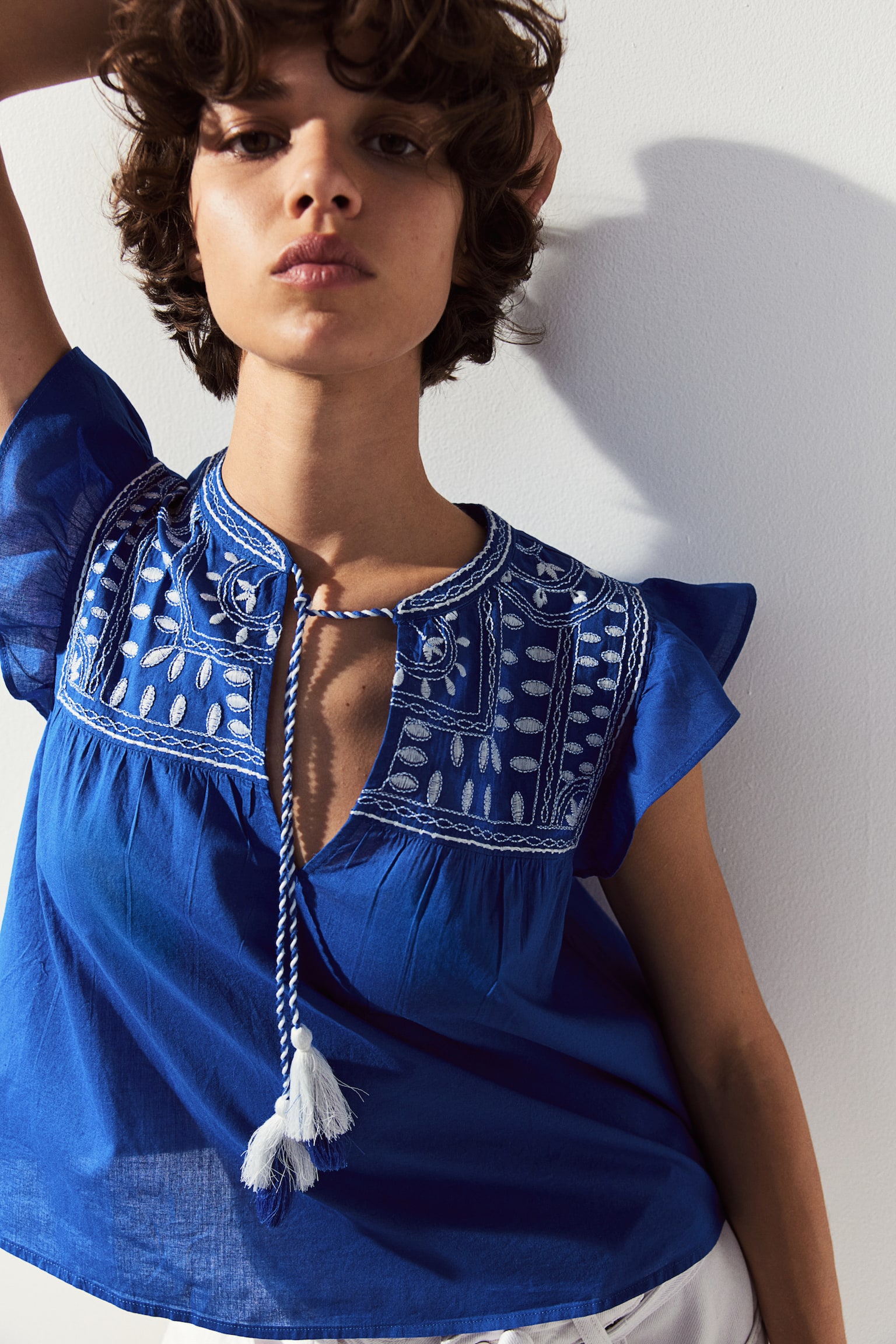 Embroidered Cotton Blouse - Blue/White/Black - 7