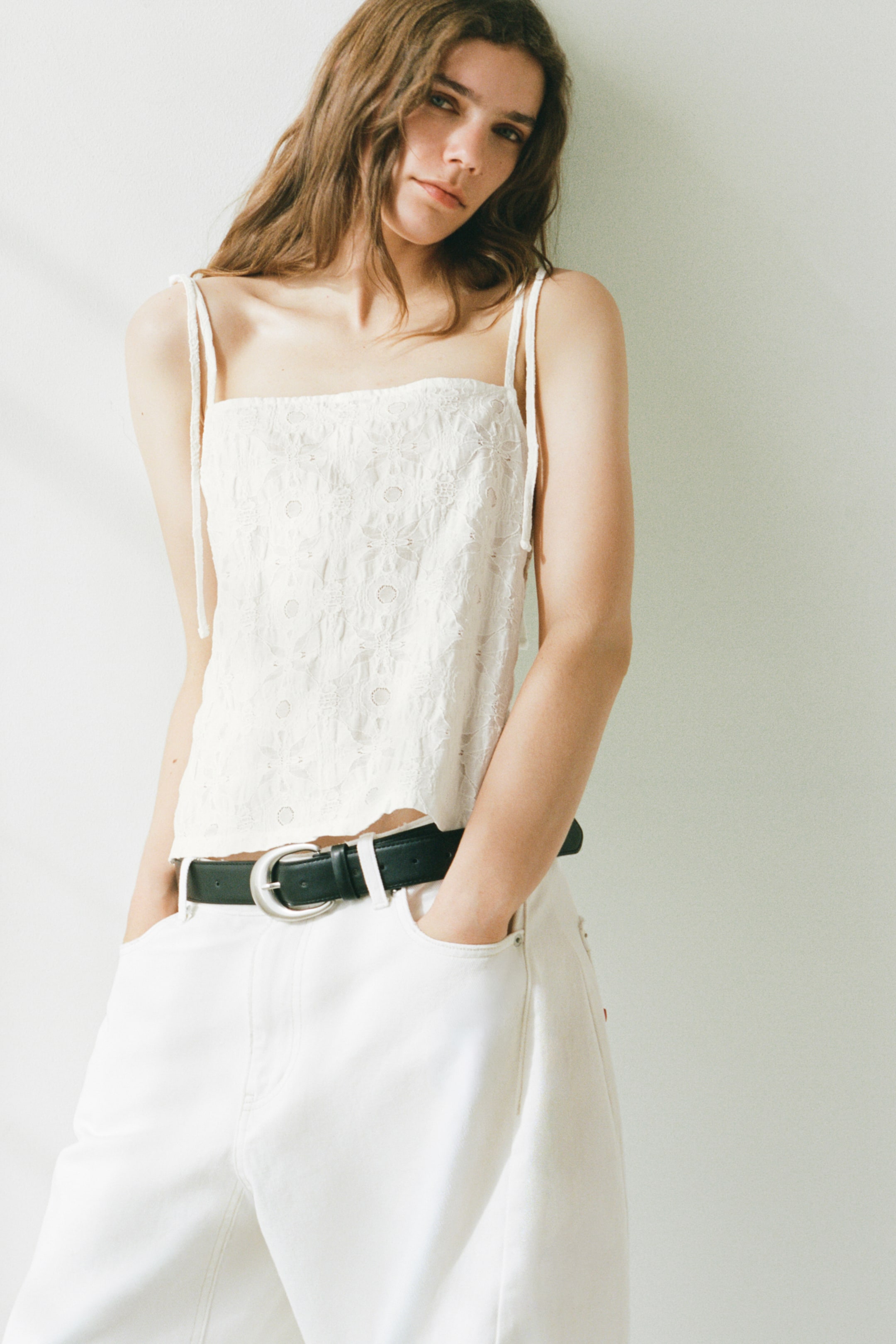 Jacquard-Weave Tie Shoulder Strap Top