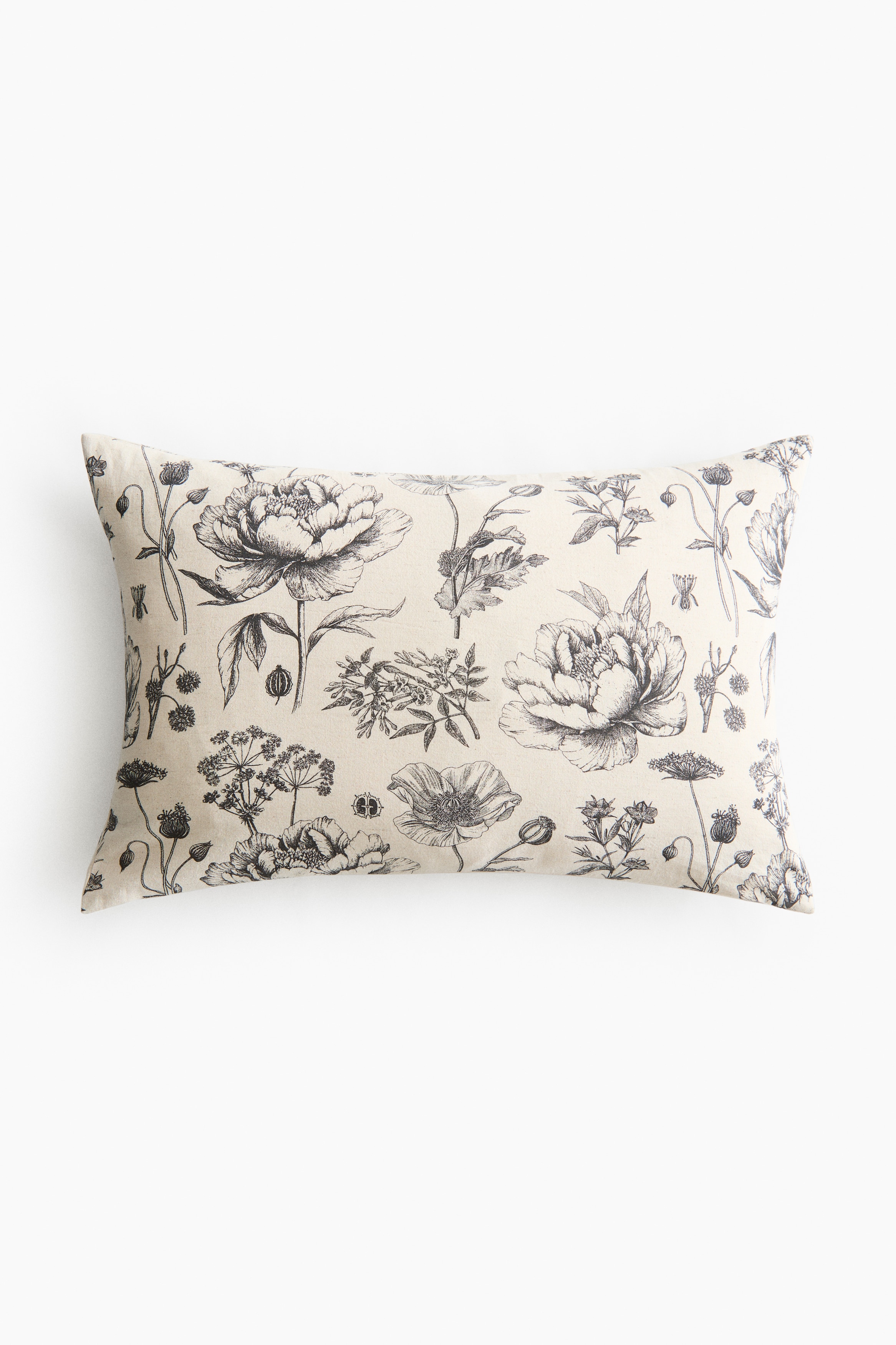 Linen-Blend Cushion Cover - Light beige/black floral/Light beige/floral