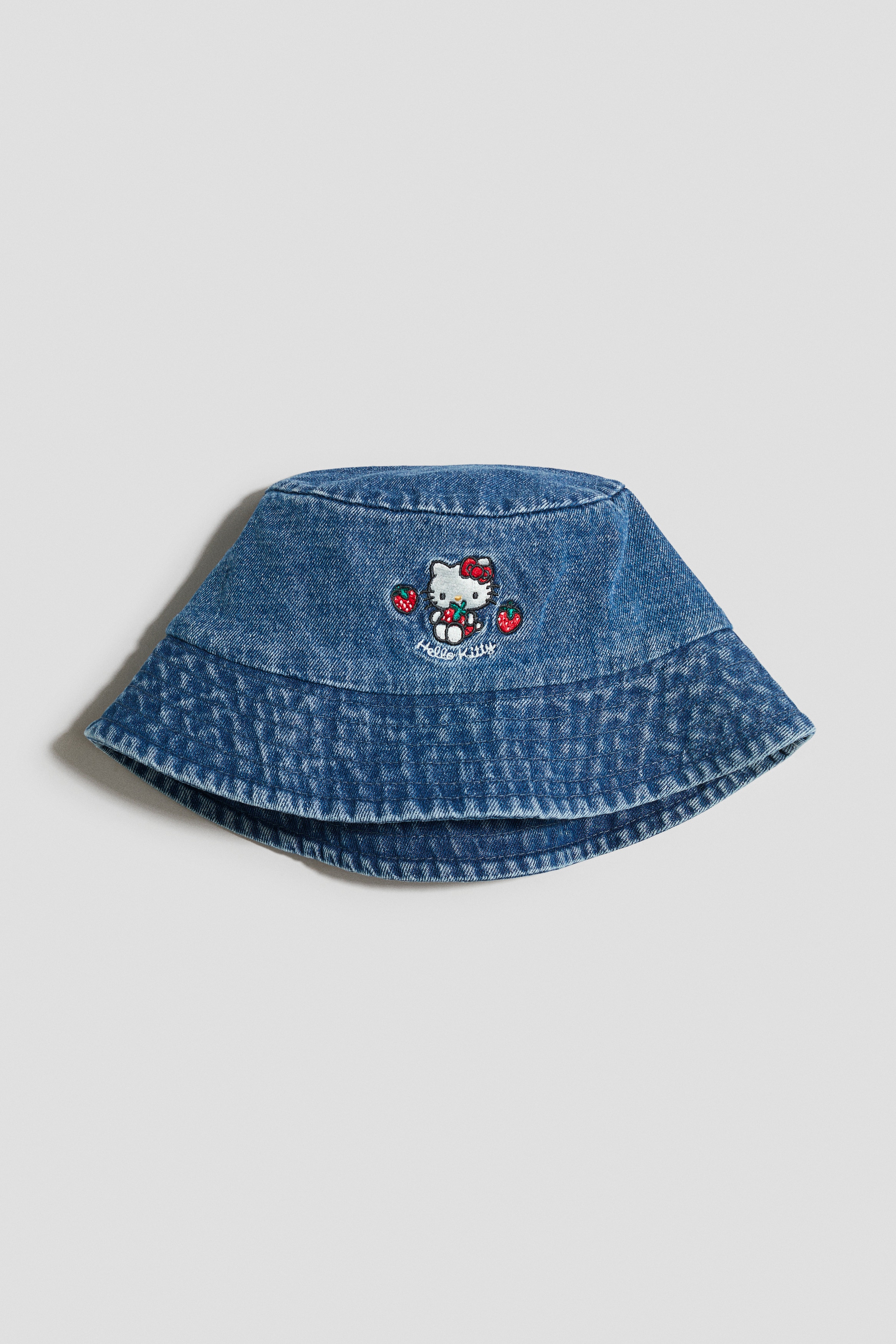 Embroidered denim bucket hatModel