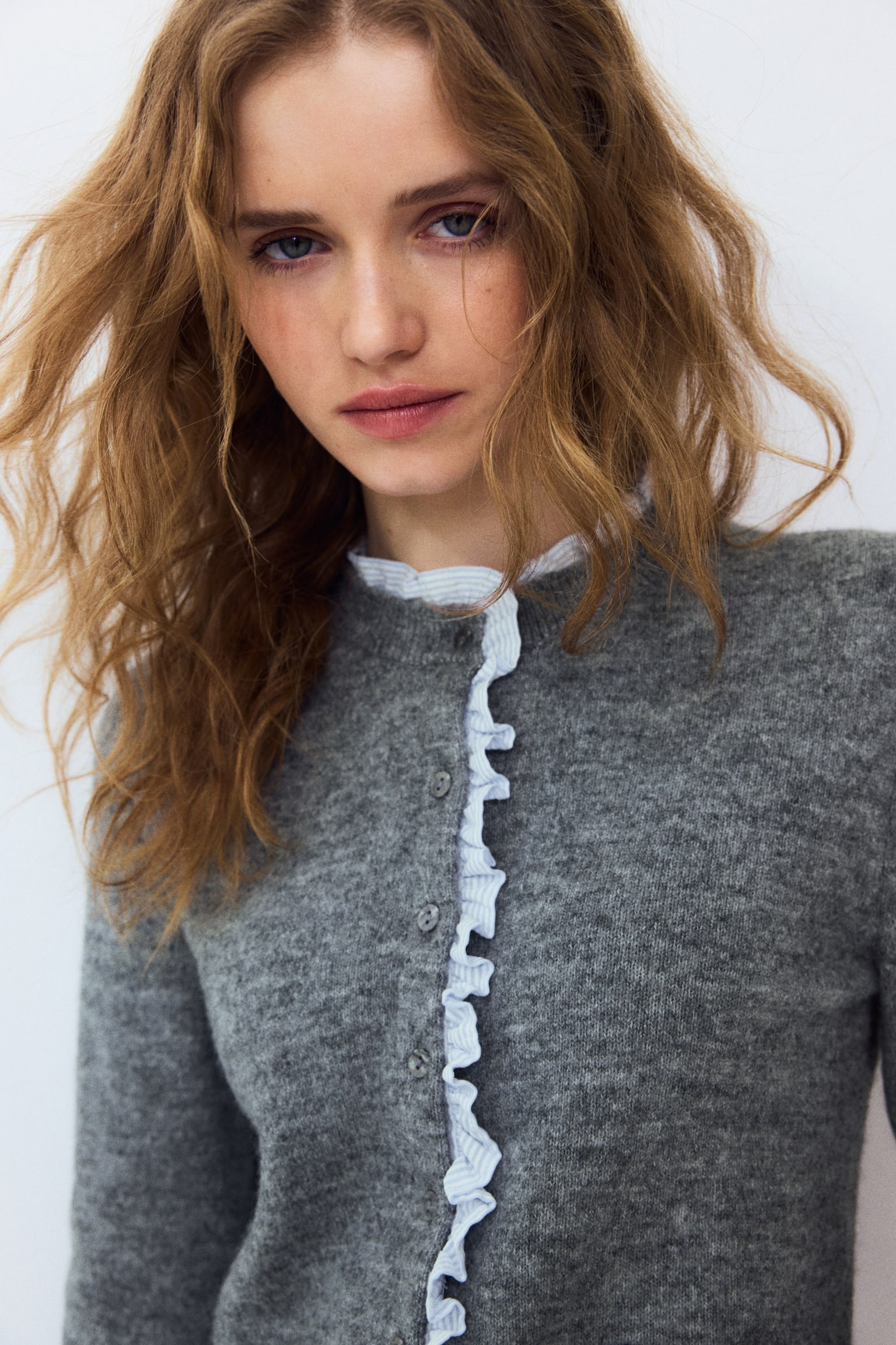 Frill-trimmed fine-knit cardigan - Grey marl - 6