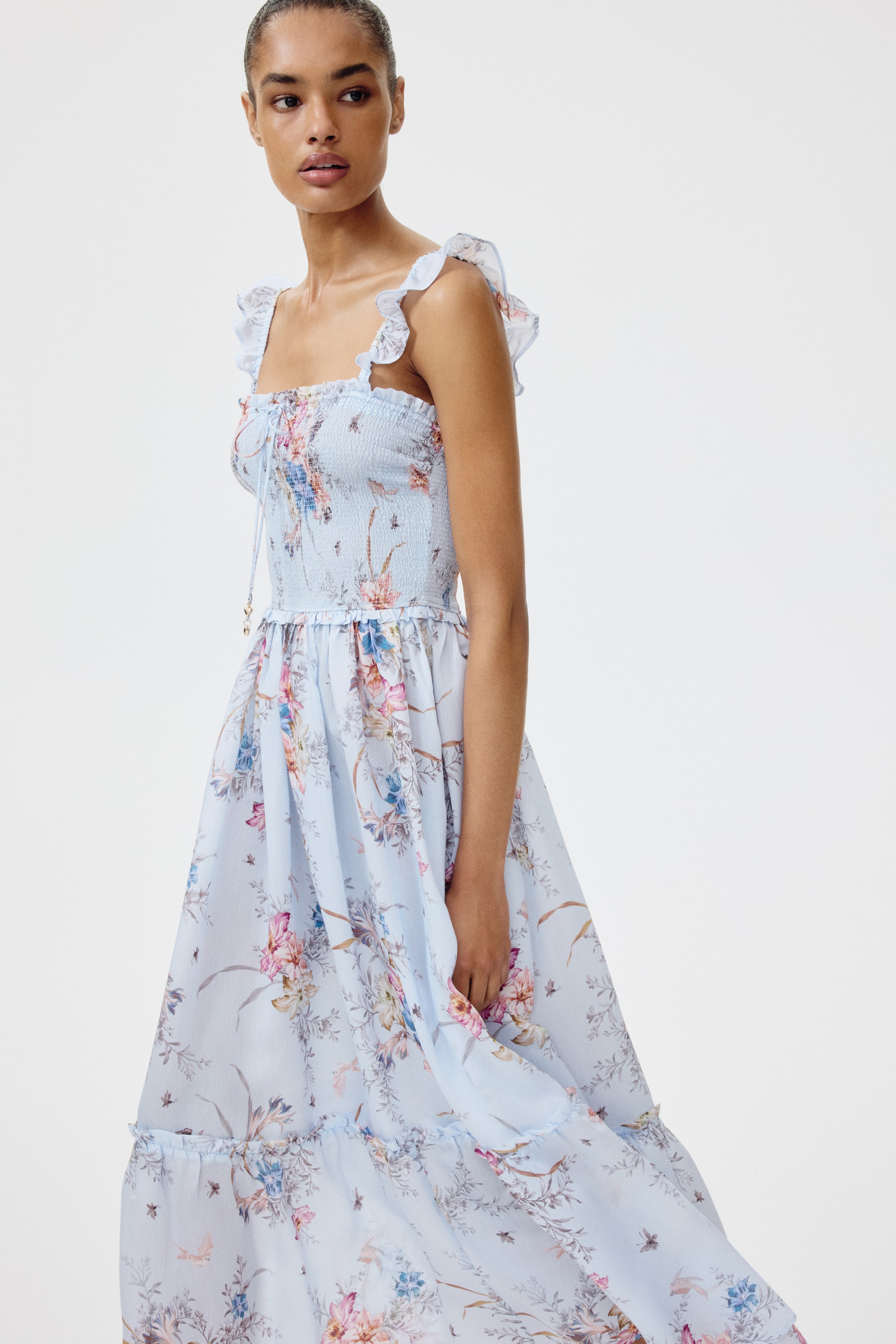Ruffle-Trimmed Smocked-Bodice Dress