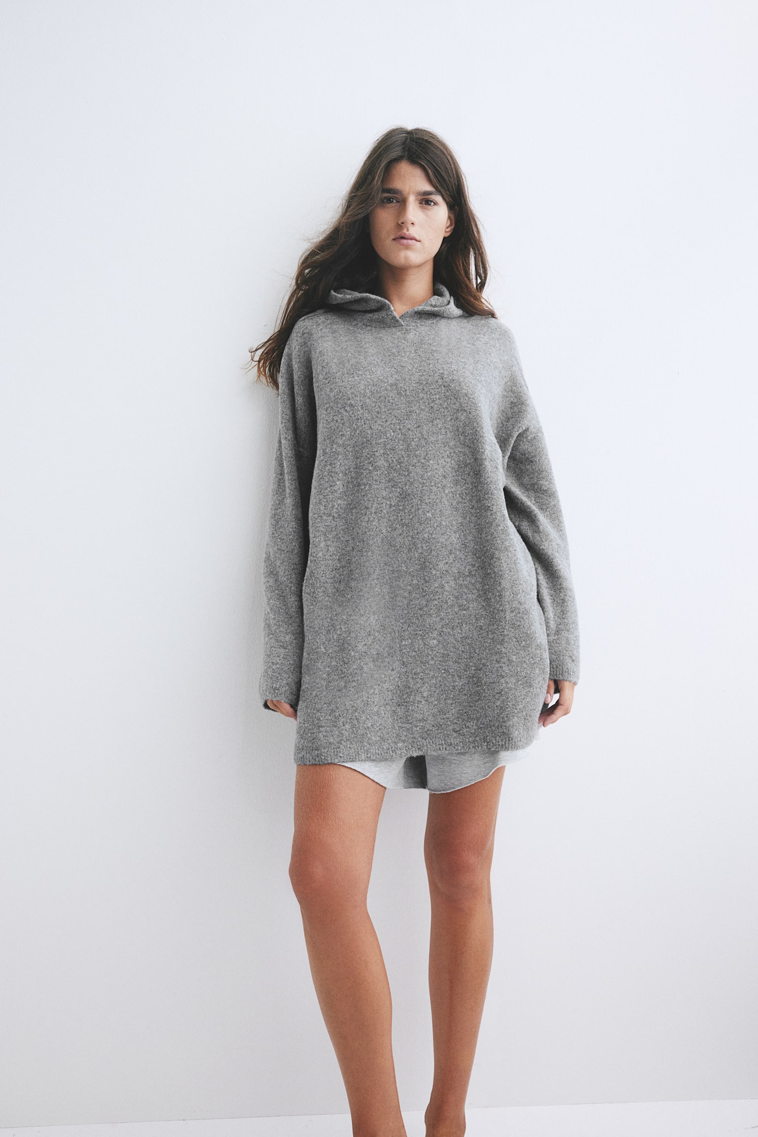 Hooded fine-knit dress - Grey marl/Beige marl - 4