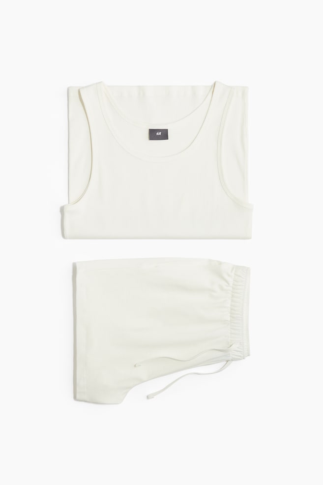 Cotton Pajama Tank Top and Shorts - White - 1