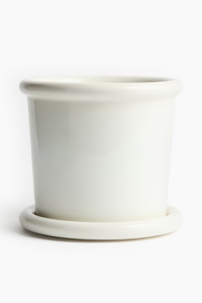 Large stoneware plant pot with saucer - White/Light green/Dark brown/Light grey - 1