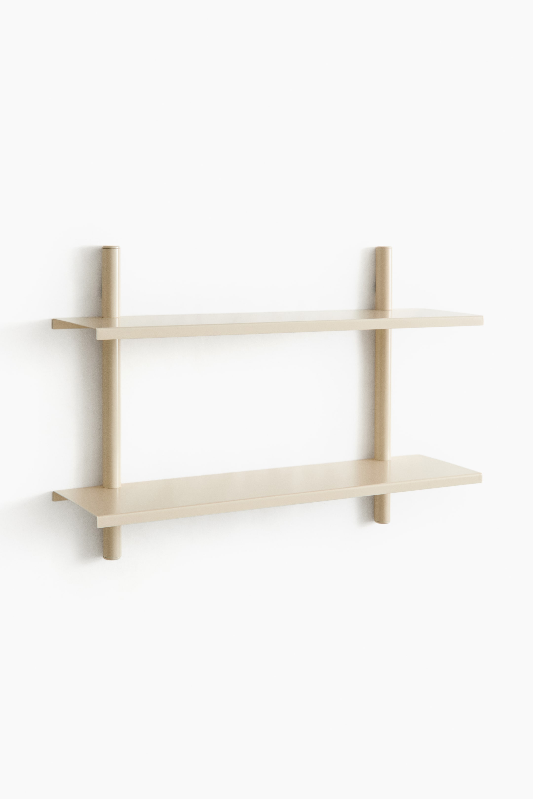 View larger image: A metal wall shelf showcasing two light beige horizontal shelves. These shelves are connected to two parallel vertical cylindrical rods, as seen from a front view.