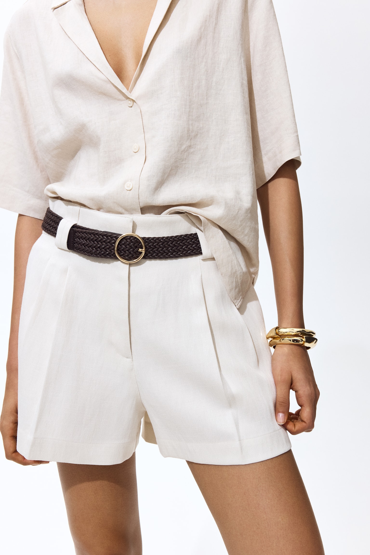 Belted tailored shorts - Cream/Brown - 1
