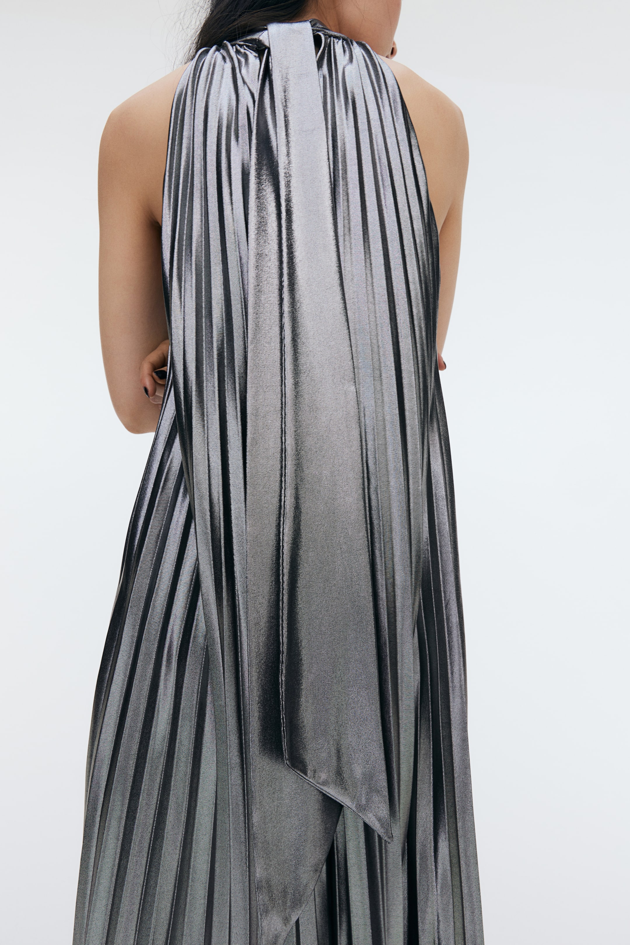 Pleated Tie-Neck Dress