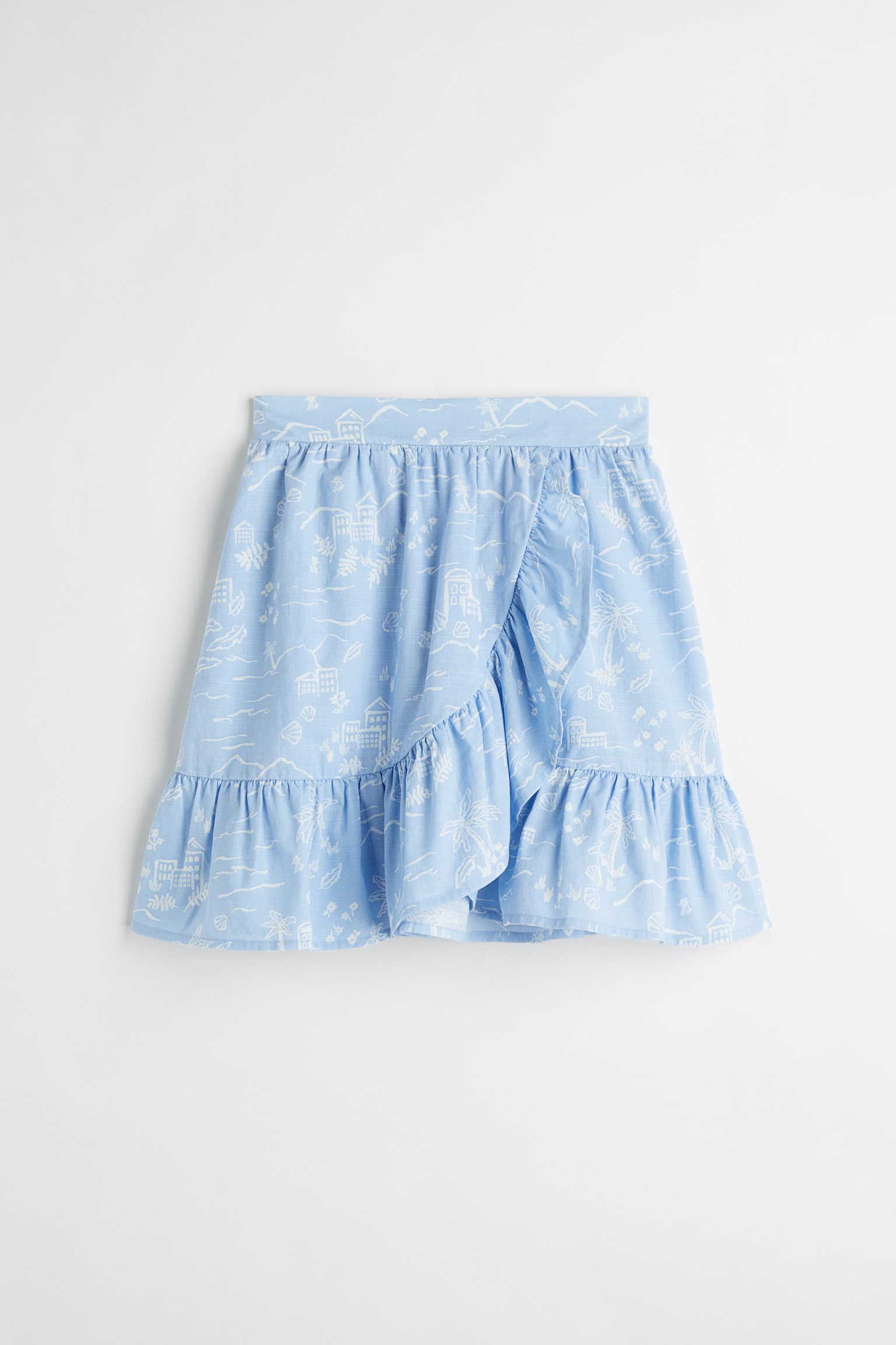 Flounce-trimmed wrapover skirt - Light blue/Patterned - 1