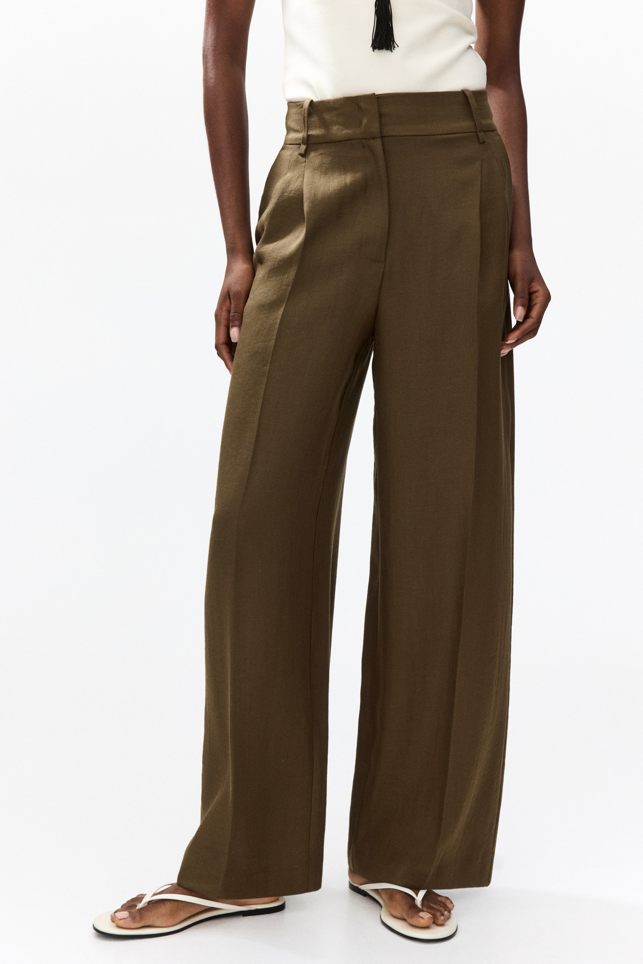 h&m loose dress pants Ladies - Dark Khaki Green Wide-Leg Dress Pants - Size: 8